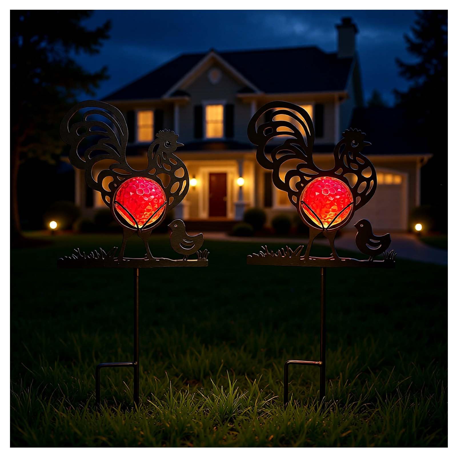 Ptxbeemyd Rooster Solar Lights Outdoor Decorations, 2 Pack Metal Iron Solar Stake Lights for Yard, Garden, Lawn Decor