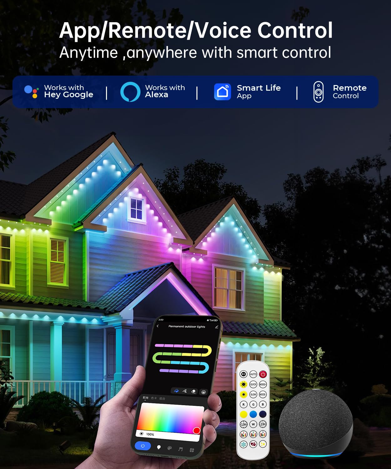 SMAVISTA 100ft RGB LED Outdoor String Lights, IP67 Waterproof, 72 Scene Modes, APP/Voice Control, White - Model OS010-002