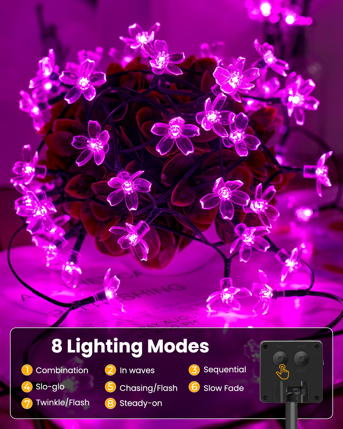 Brightown 60 LED Solar String Lights, Pink, Outdoor Waterproof Fairy Lights for Garden, 1 Pack, Model 62741733-140b-4c35-8bb8-45d