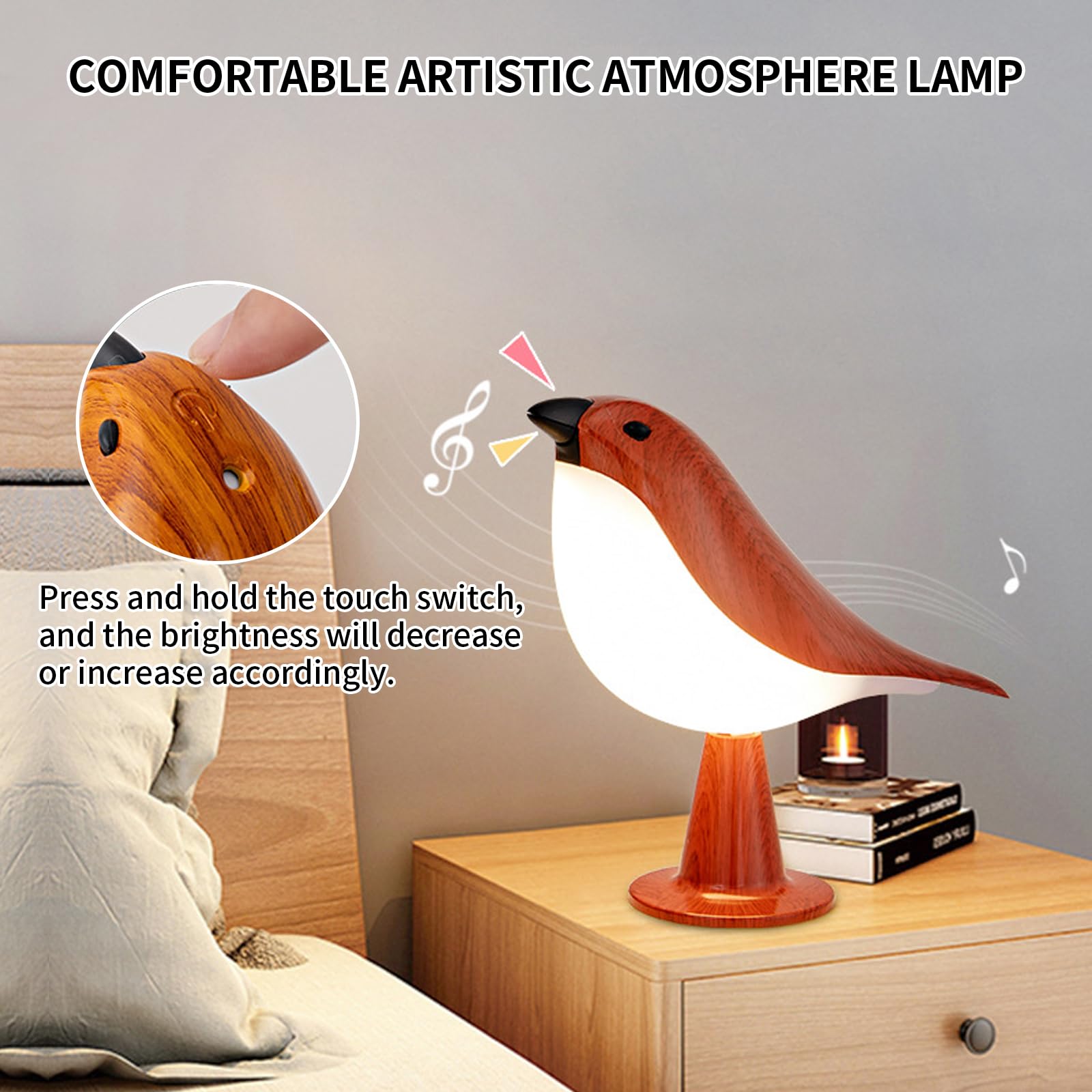 Bird Night Lamp With Sound,Cordless Small Table Lamps With 3 Color Temperature,Portable Rechargeale Outdoor Night Light With Rem