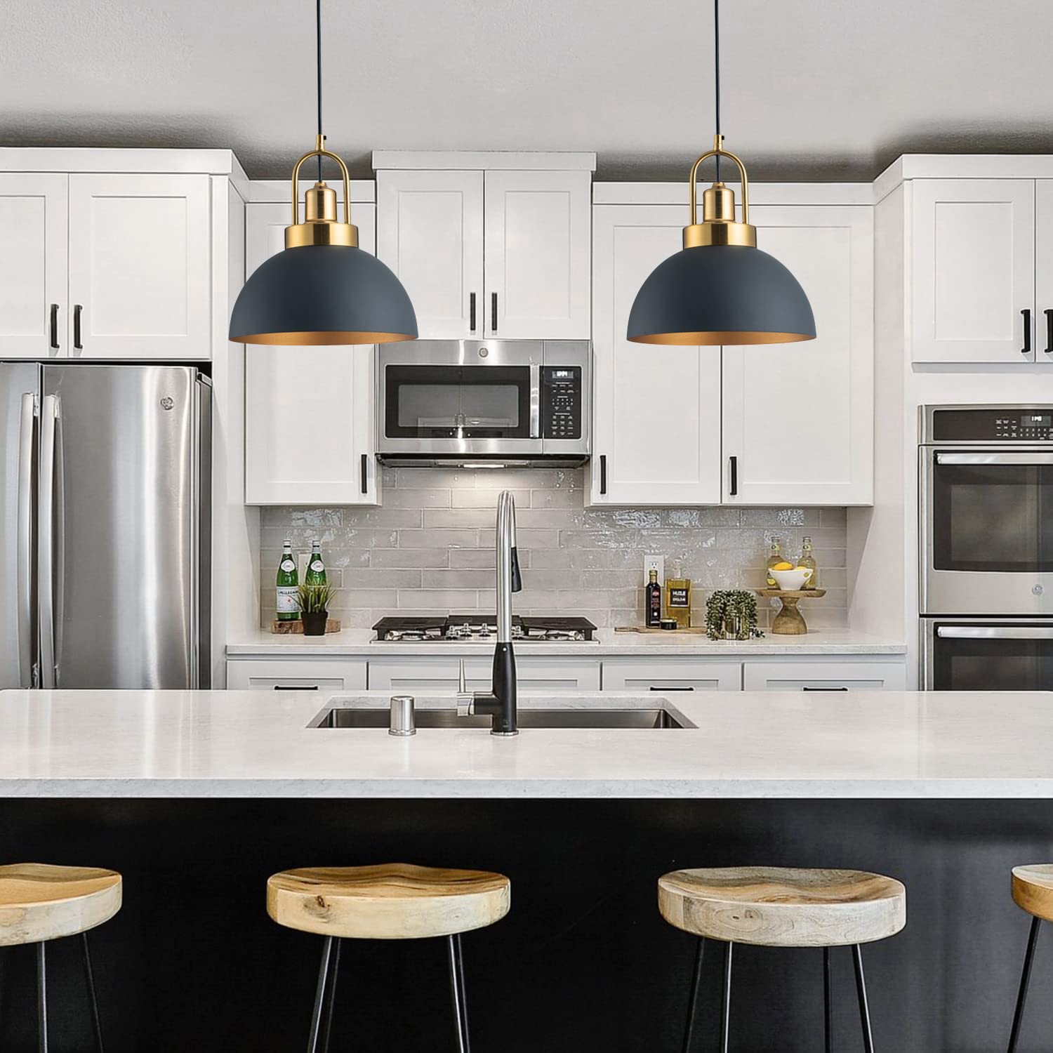 YHANFENGCY Vintage Pendant Light Black and Gold 9.84in Brass Socket Industrial Dome for Kitchen Island, Dining Room, Bedroom