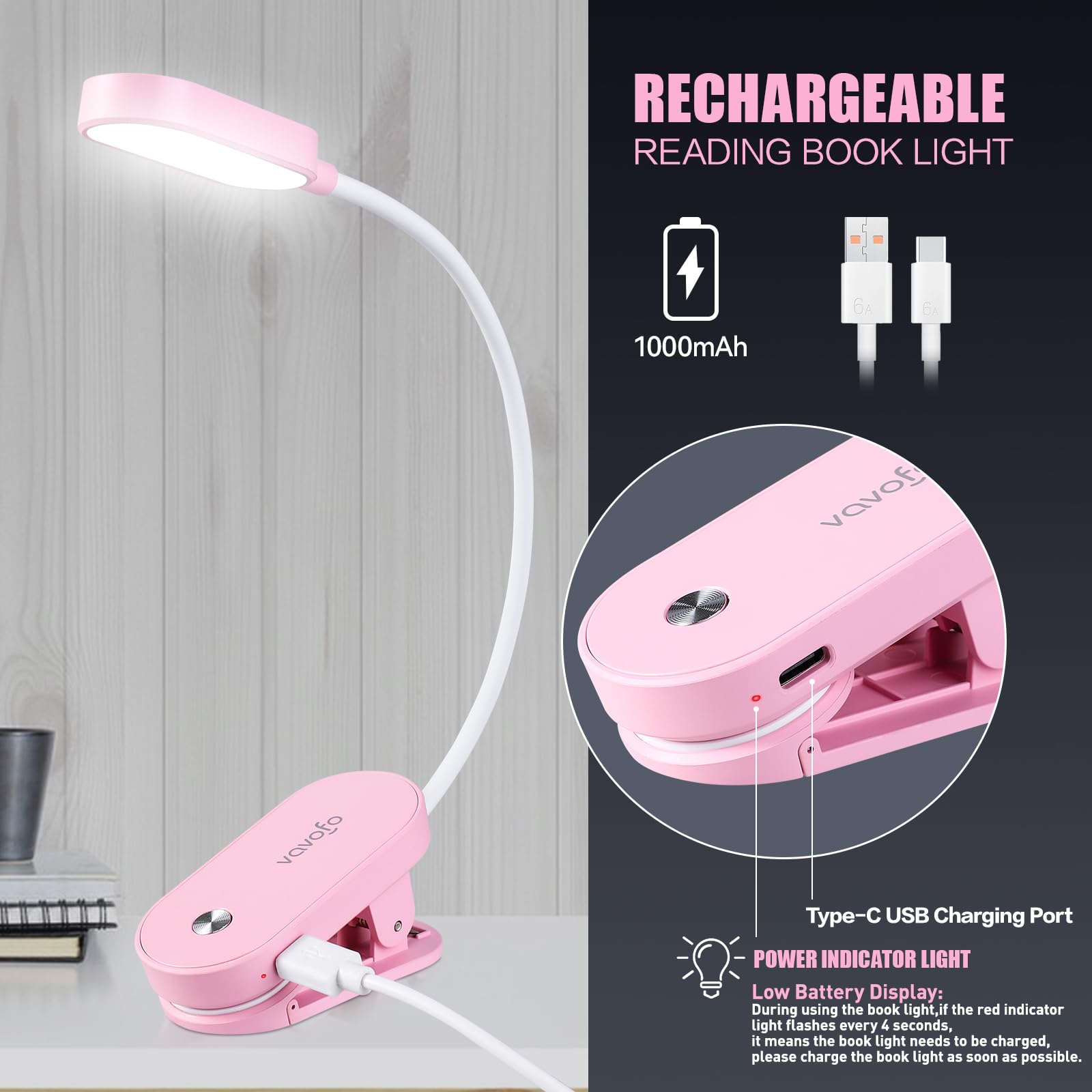 VAVOFO Rechargeable Book Light, 14 LEDs, Clip On, Amber Reading Light, Model KM-6775, Pink