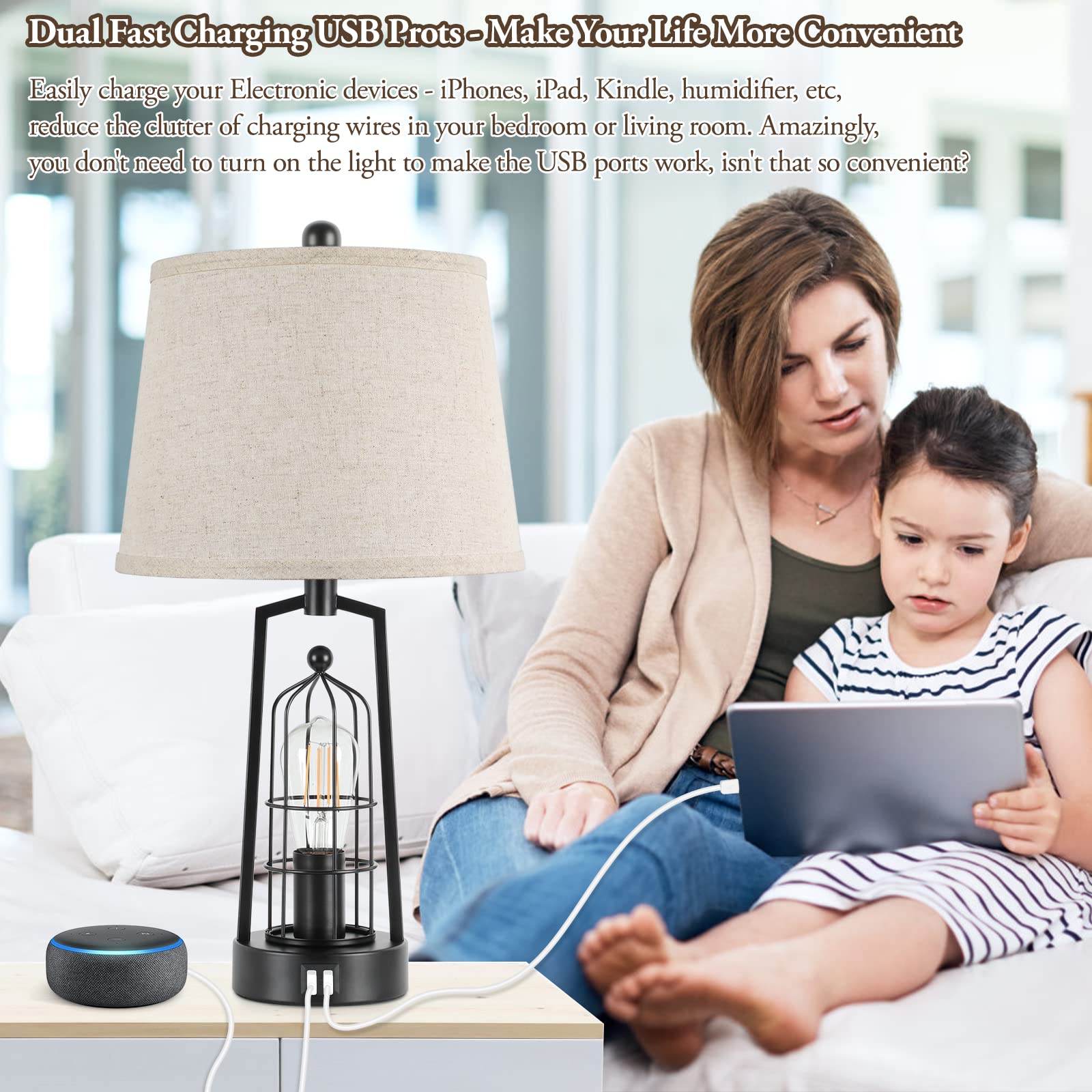 Brightever Farmhouse Table Lamps Set of 2 Rustic Industrial Metal Beige 2 USB Ports JT2026.BE