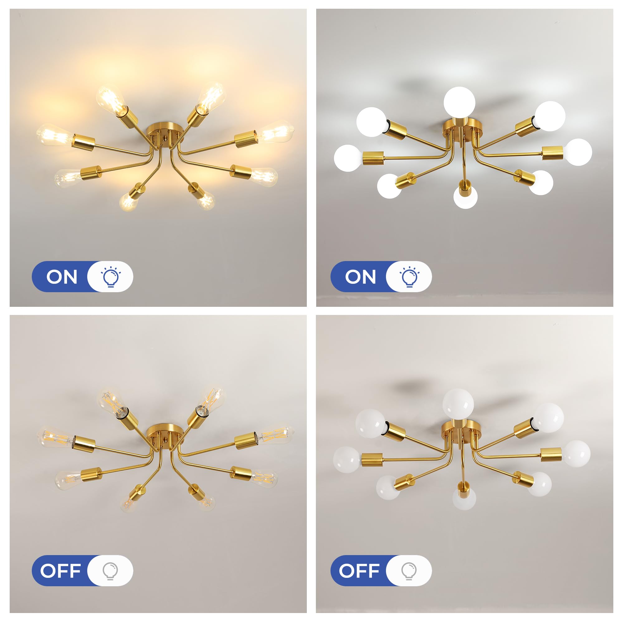 Delipop Sputnik Light Fixture, 8-Light Gold Ceiling Light Fixture, Mid Century Industrial Modern Sputnik Chandelier For Living R