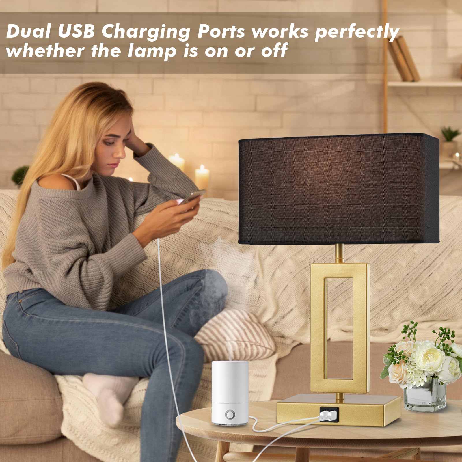 gernehop Black Table Lamps Set of 2, 3-Way Dimmable Touch Control, 16" Medium, USB Ports, LED Bulbs Included, Model T1002-GD-B