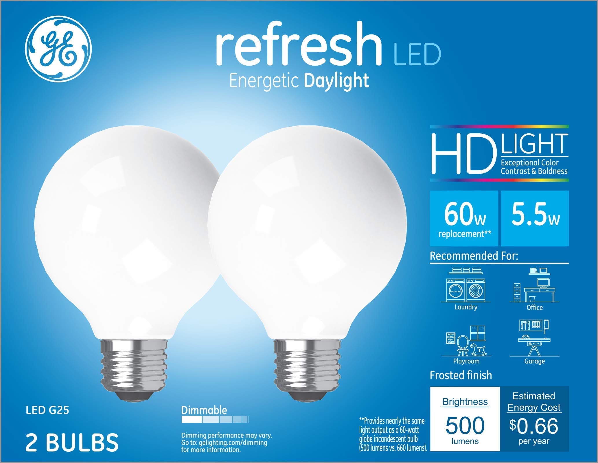 Ge Refresh Led Light Bulbs, 60 Watt, Daylight, G25 Globe Bulbs, Medium Base (2 Pack)
