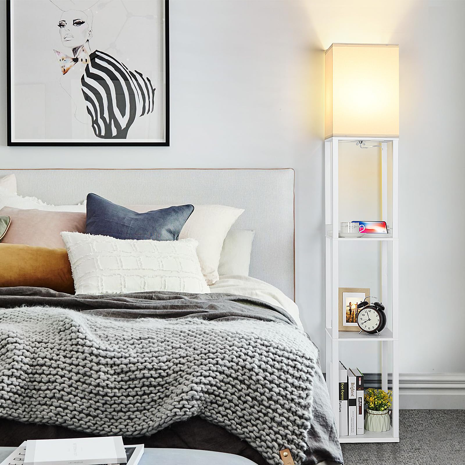 Folksmate Touch Control Shelf Floor Lamp, Modern Dimmable Led Standing Lamps With Shelves, 2 Fast Charging Usb Ports And Power Outlet, Wood Skinny Tall Light For Living Room, Bedroom, Bedside,White