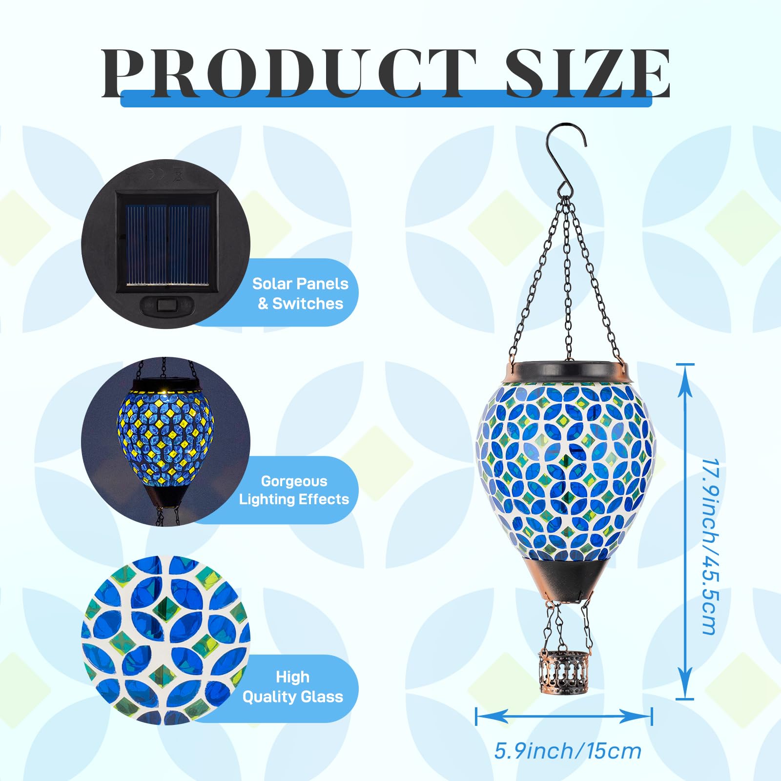 DREAMSKIP Mosaic Hot Air Balloon Solar Lantern, Waterproof Glass, Blue, Model 49120505, Flickering Flame, Outdoor Garden Gift
