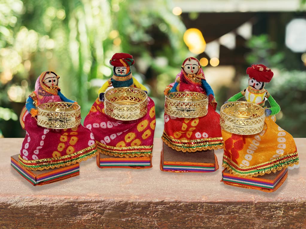JH Gallery Recycled Martial Rajasthani Standing Dolls Tealight Candle Holder, Multicolor (2 Pair)(4 Candle Holders)