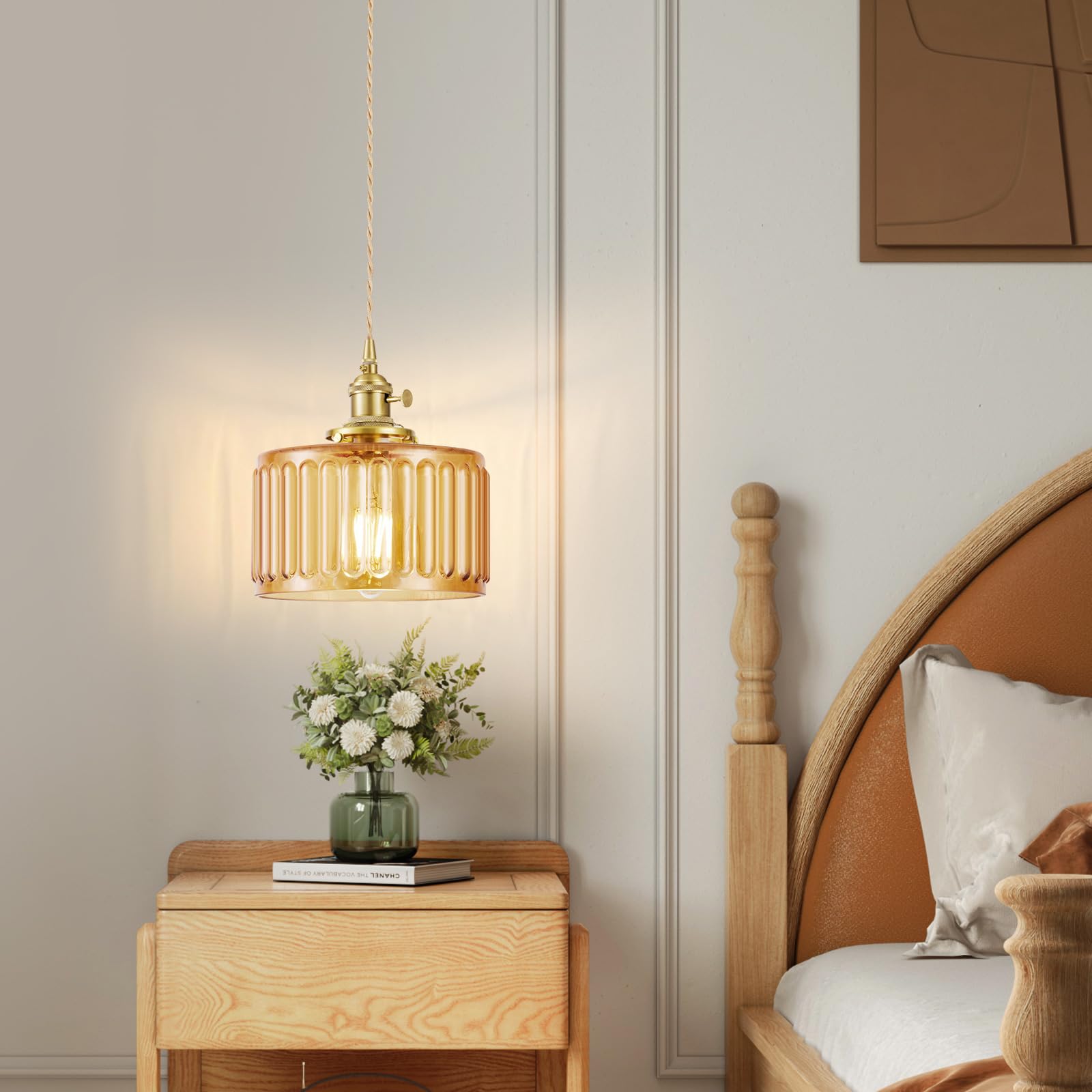 Beserwin Plug In Pendant Light  Hanging Lights With Plug In Cord  Hanging Light Fixture With Clear Glass  E26 Pendant Lighting For Kitchen Island  Bedroom  Dining Room- Amber Color