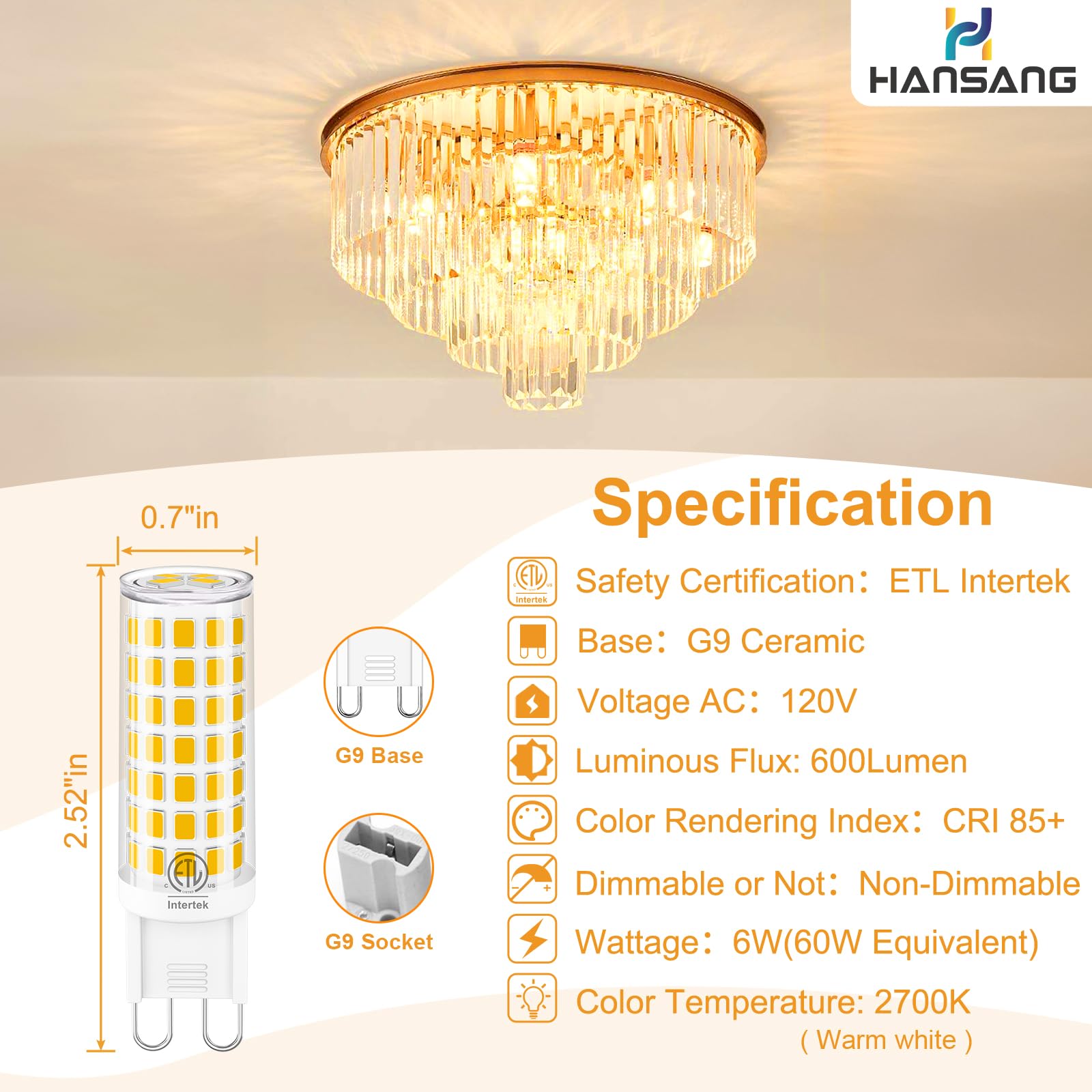 Hansang G9 Led Bulb Bi Pin Ceramic Base 2700K Soft White, 60W Halogen Equivalent T4 Led Light Bulbs, G9 Base Chandelier Light Bu