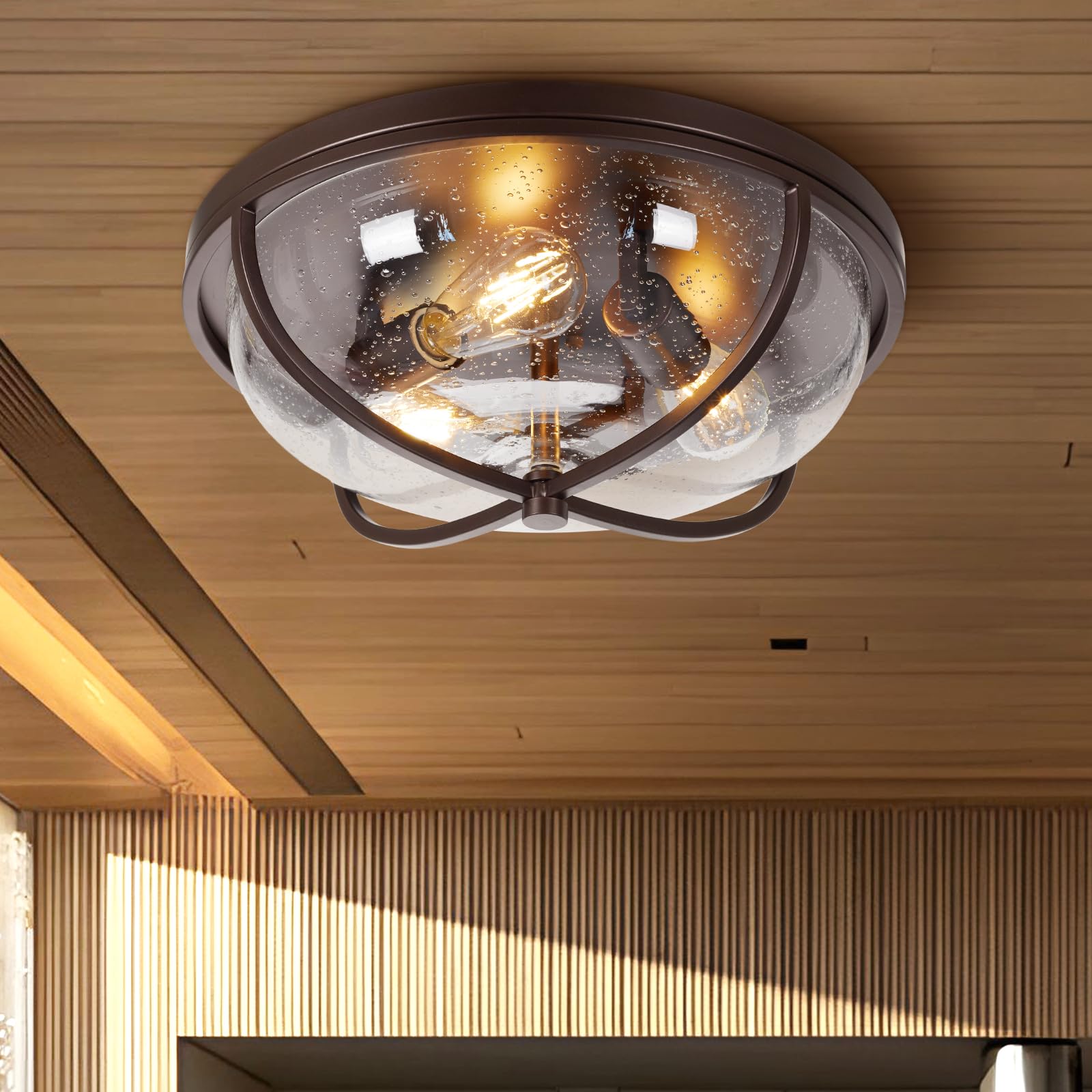 Rosient Flush Mount Ceiling Light Fixture, Modern Seeded Glass, 16 Inch, ORB Finish, Ideal for Hallway and Porch Entryway