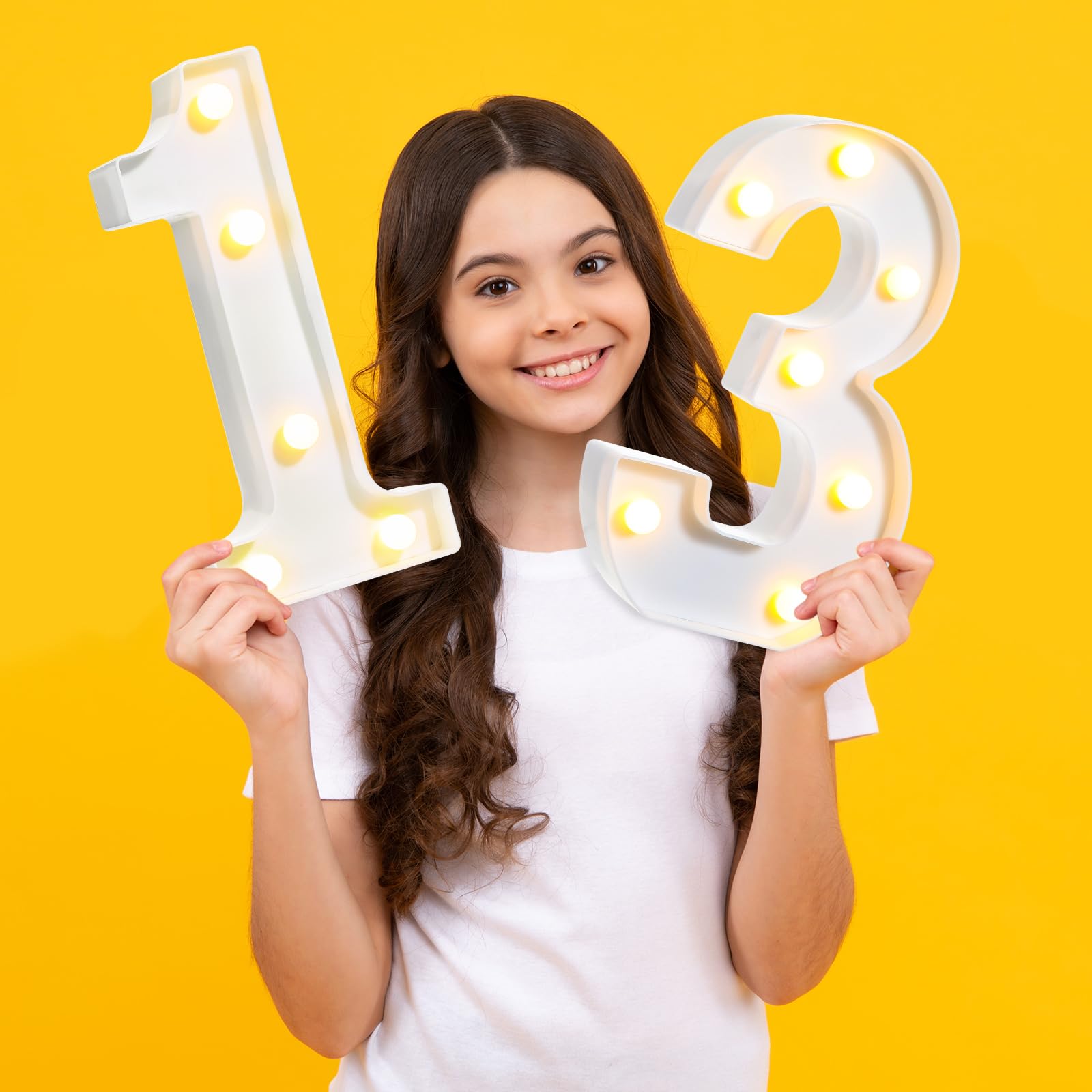 Treela LED Number Sign, 8.7in  Glitter Marquee for Birthday Party, 13th Size, White, Model JR-Treela-4356