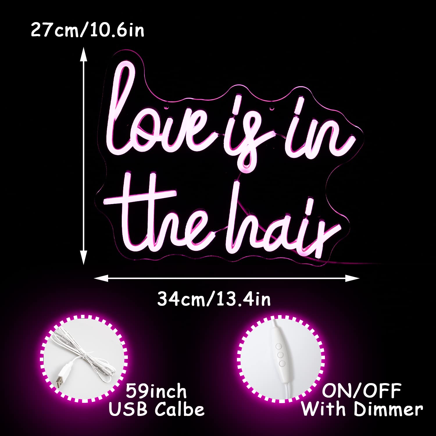 Alkkign Neon Sign - inLove is in the Hairin LED Light, Pink, 13.4inx10.6in, Model NS-28