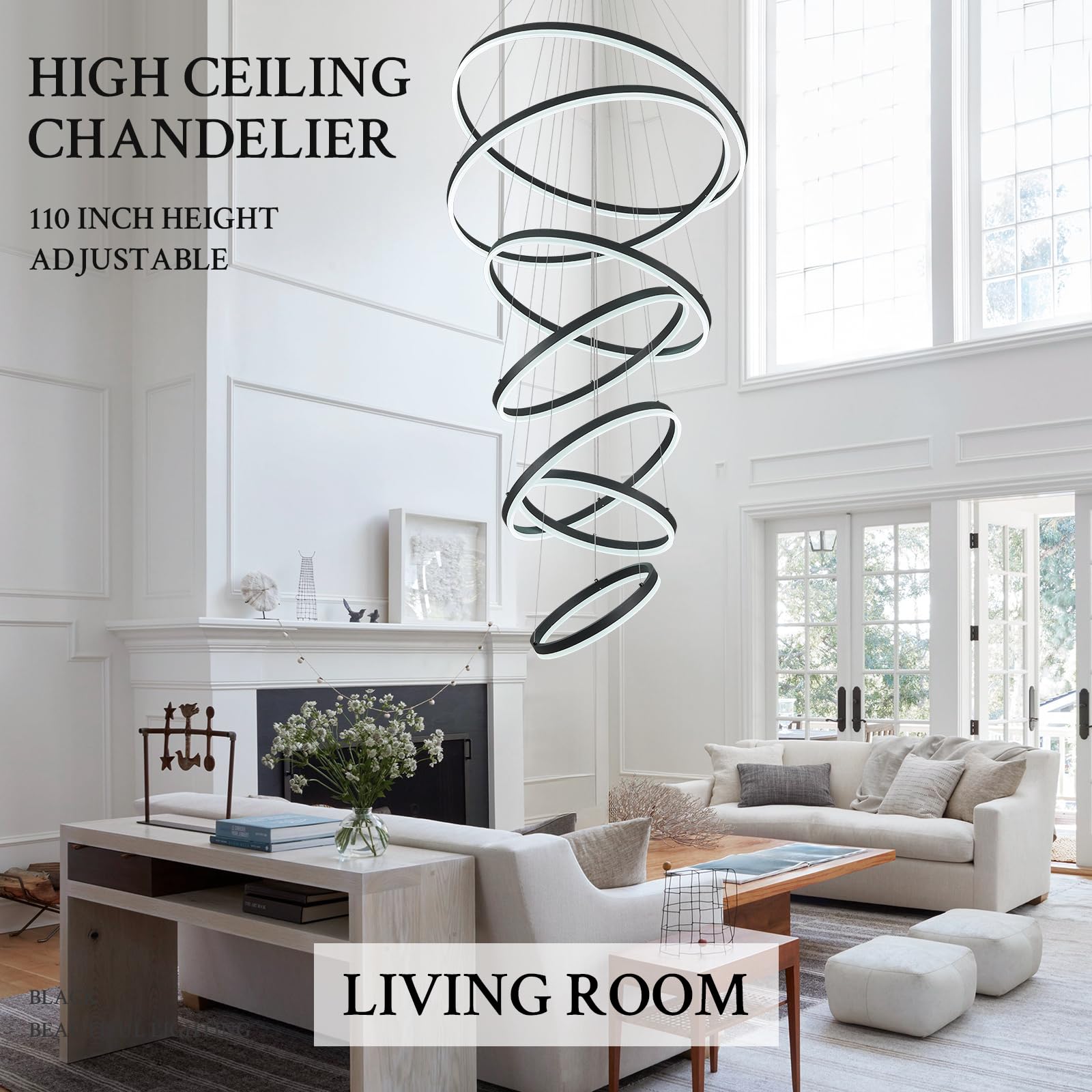 Sparklelf Modern LED Chandelier, 7 Rings 31.5in, Black, Dimmable, Remote Control, 3000K-6500K, Ideal for High Ceilings