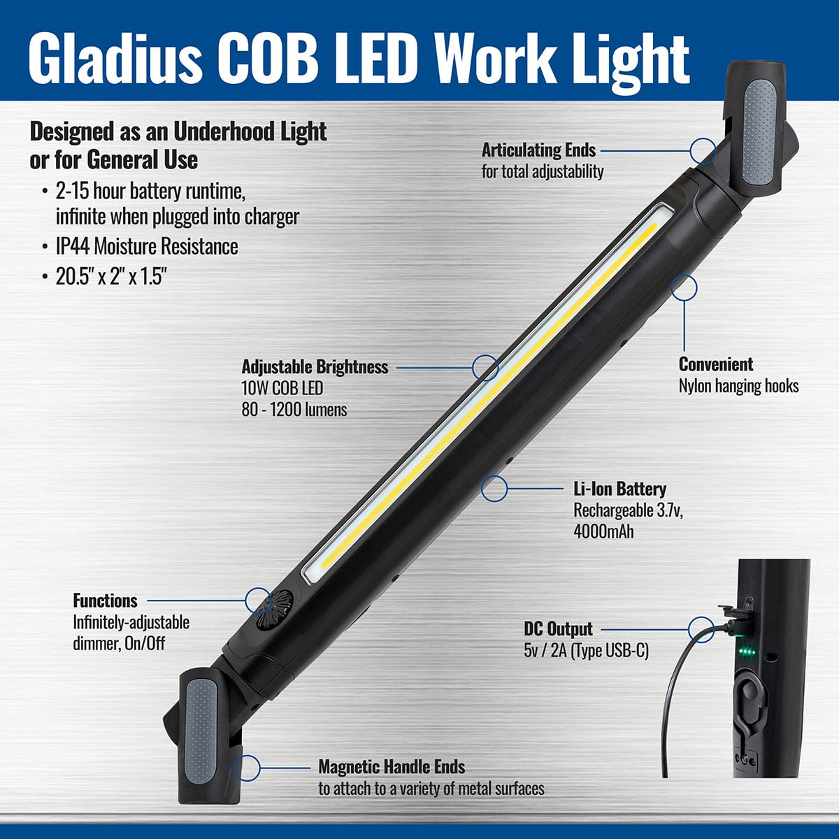 Eastwood Gladius Cob Led Magnetic Underhood Work Light | 1200 Lumens Rechargeable And Adjustable Brightness Under Hood Light Bar