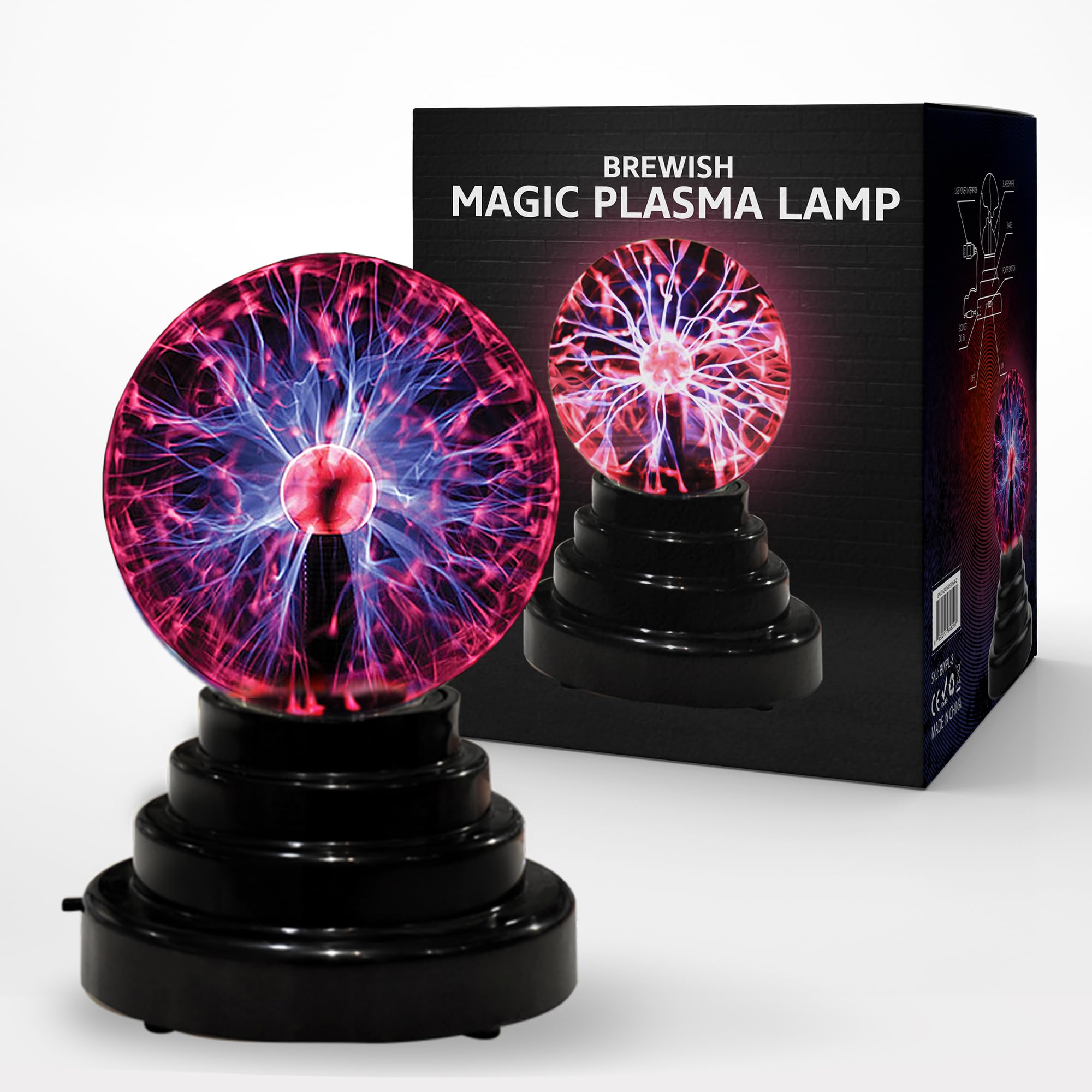 Brewish Plasma Ball Lamp - Touch Sensitive Nebula Sphere, 3 Inch, Black, Model NX-PL, USB & Battery Powered, Gift for Kids & mature-themeds
