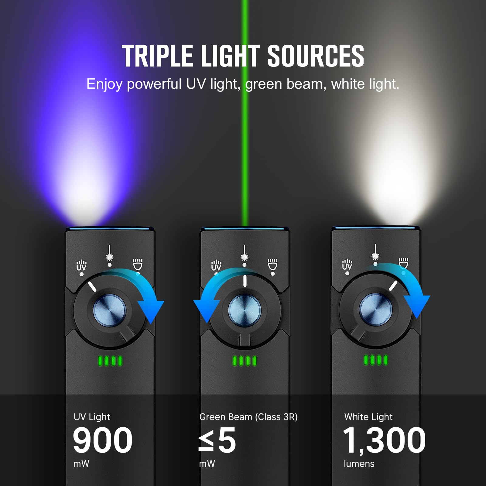 OLIGHT Arkfeld Pro EDC Flashlight, 1300 Lumens, Green Beam, UV & White LED, Aluminum, Black