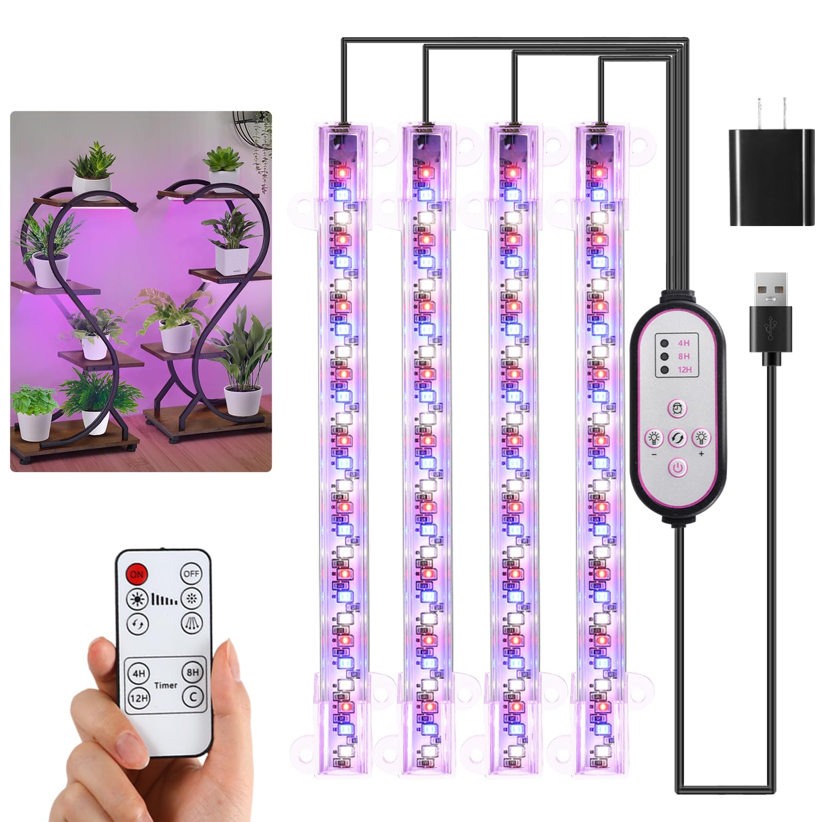 Hywyimlait 7.8 Growing Lamp for Indoor Plants  Red & Blue & Yellow Full Spectrum  LED Grow Light Bands with 4/8/12H Timer 10 Dimmable Levels for Green House Succulent 4 Head
