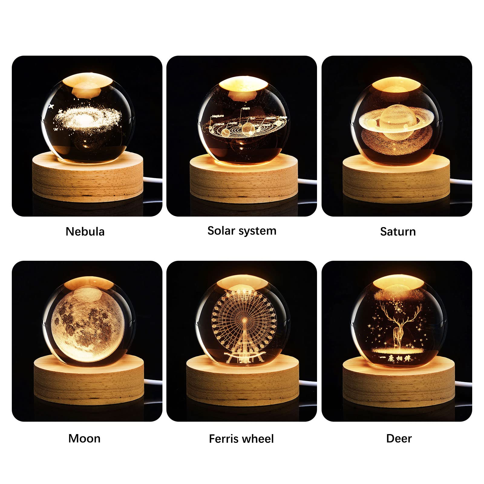 Dniebw 3D Solar System Crystal Ball Night Light For Kids Glass Lamp Space Lamp With Wooden Base Fantasy Decoration Crystal Ball Led Galaxy Planet Nightlight Bedroom Decor