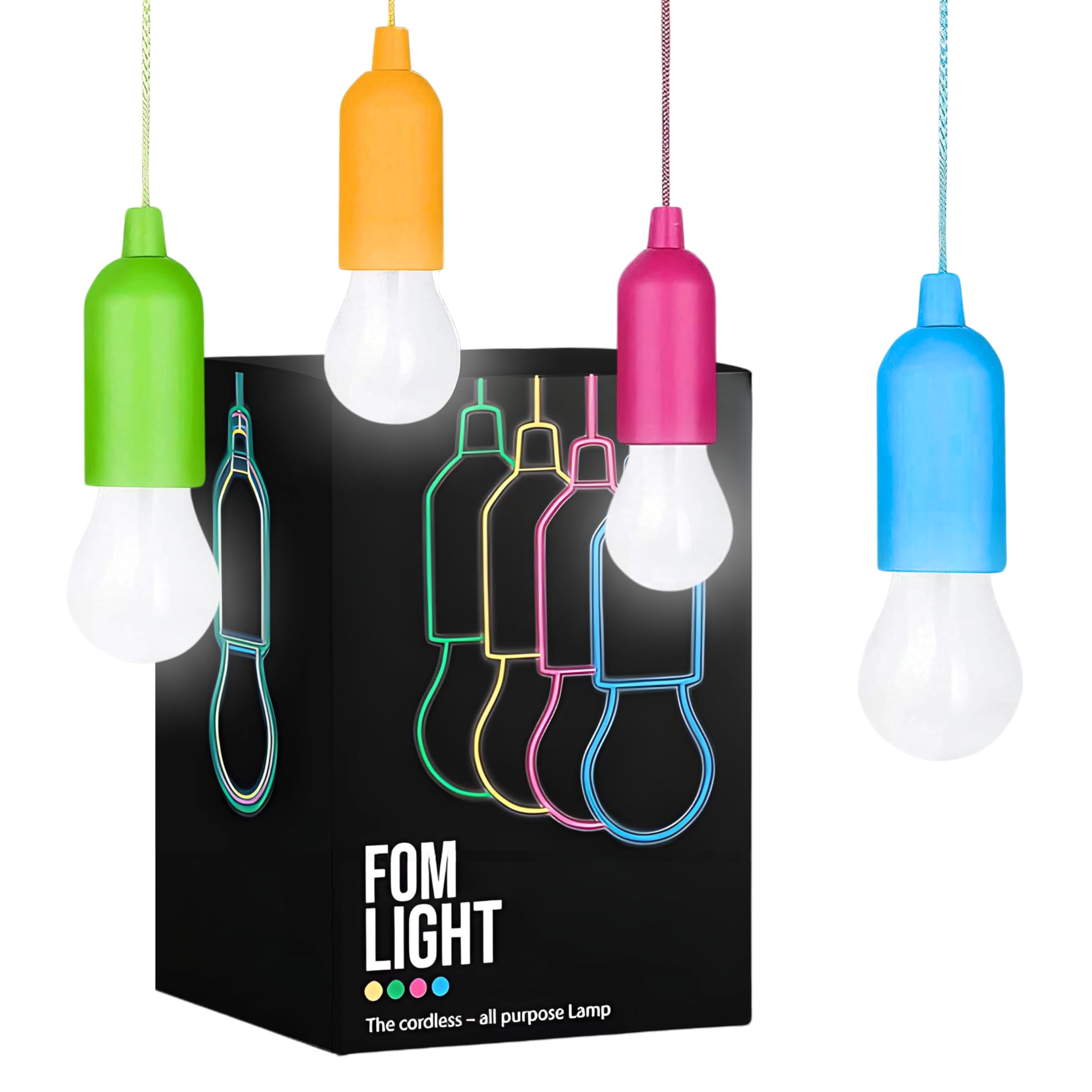 Fomlight: 4 Hanging LED Kids Safe Lights for Treehouse, Playhouse, Camping, Indoor/Outdoor, Battery-Operated Lamps with Pull Cha