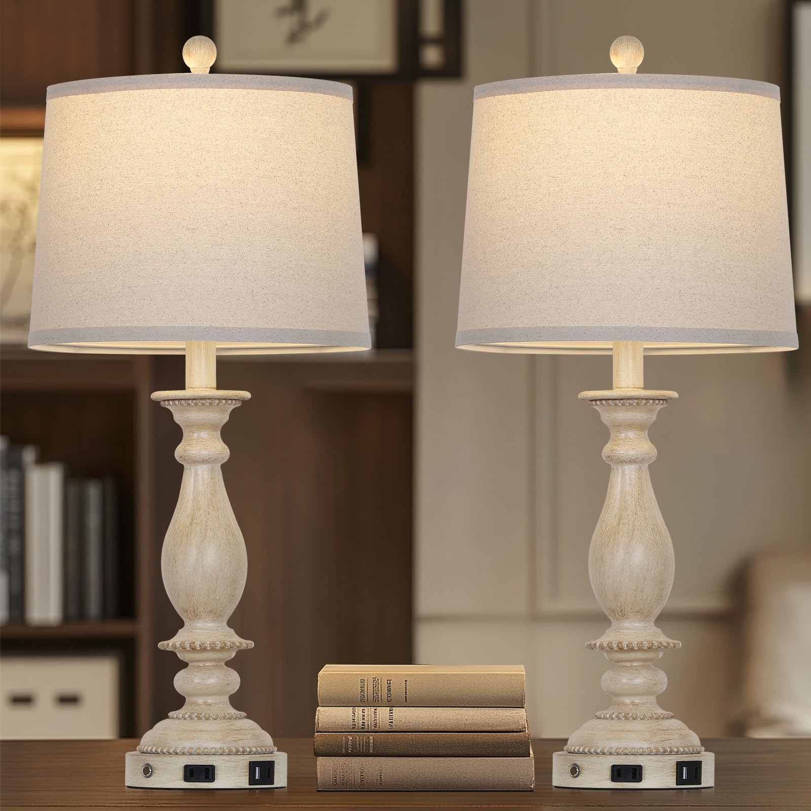 Cinsary 28'' Tall Farmhouse Table Lamps For Living Room Set Of 2,Vintage Rustic Beige Bedside Touch Lamp With Usb C+A Ports & Ac
