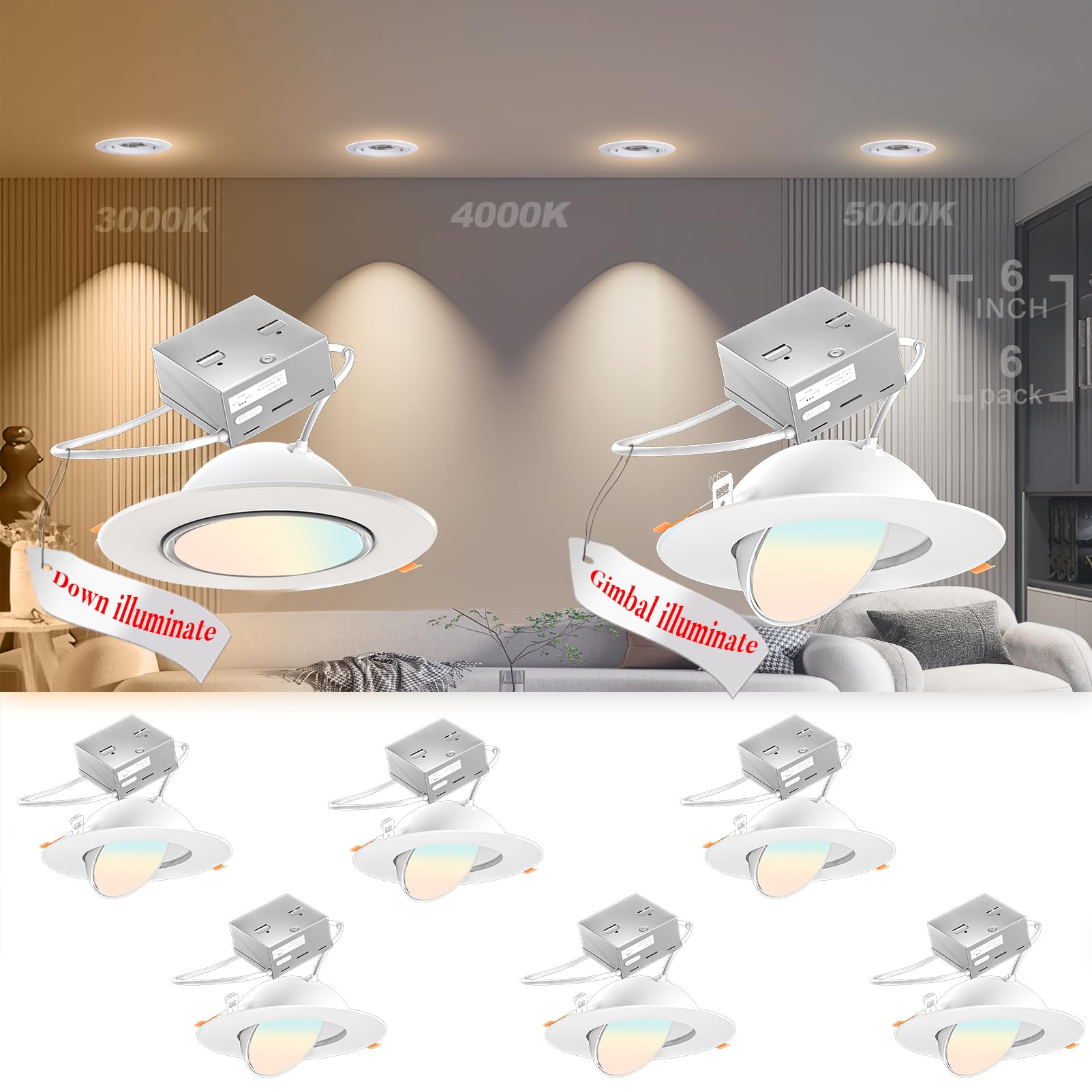 Lightdot 6 Pack 6 Inch Led Gimbal Recessed Lighting  360+90 Adjustable  3Cct Selectable & Dimmable (5%-100%)  1300Lm Ultra Bright Canless Downlight  Etl/Fcc Certified For Living Room/Kitchen-White