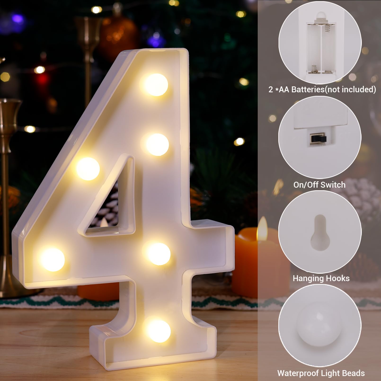 Led Marquee Sign Light Up Letters, Alphabet Light Up Letters Sign, Battery Powered Led Letter Lights For Night Light, Wedding, Birthday, Party, Christmas Or Home Decor (Number 4)