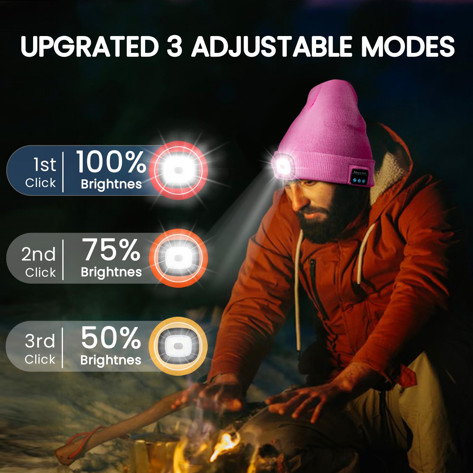 VIB high-standard Bluetooth Beanie Hat with Light, USB Rechargeable, Wireless Headphones, Model BHL2413, Pink, 100% Acrylic