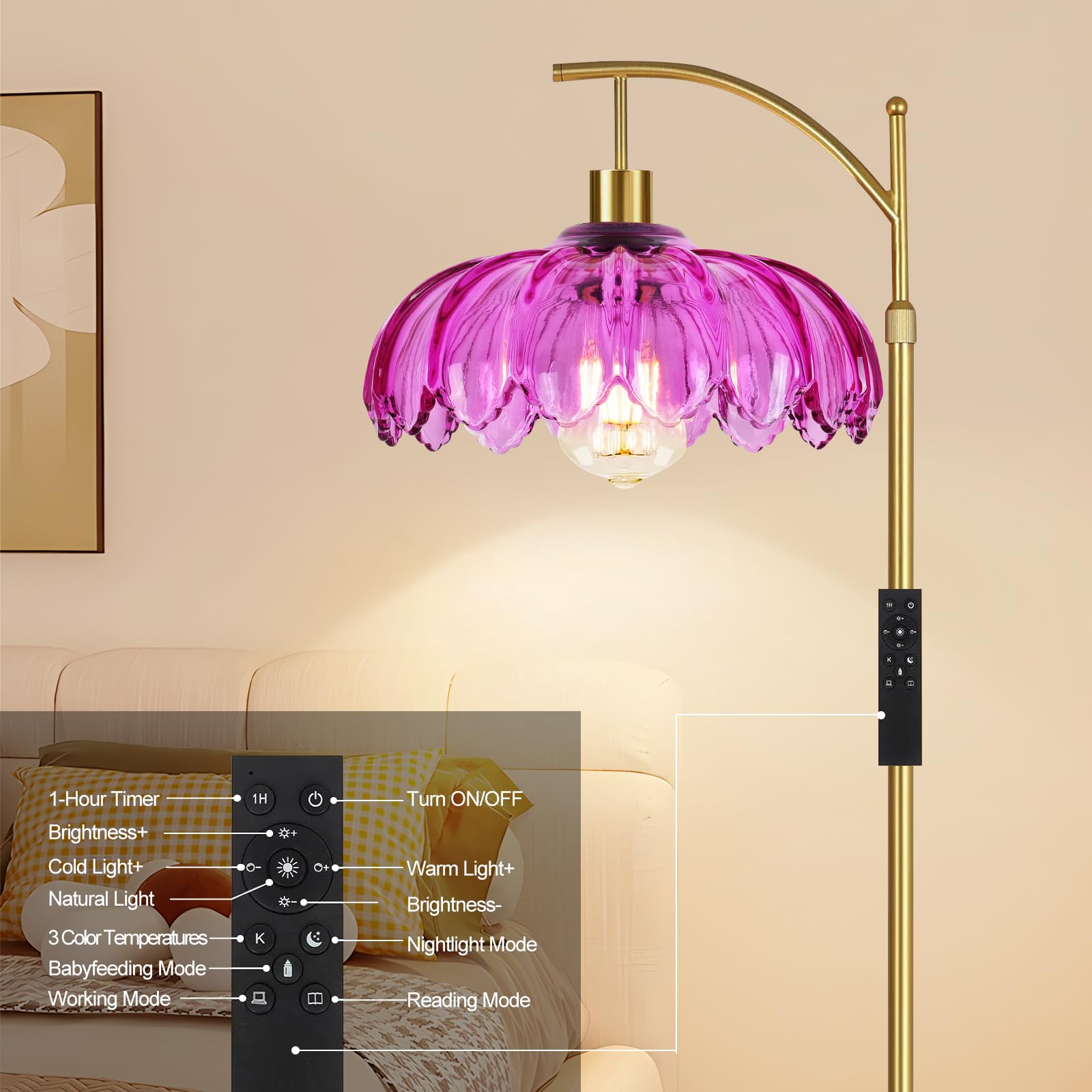 ZECOXOL Vintage Arc Floor Lamp with Remote Control, Glass Lampshade, 10.3 inch, Gold, Mid Century Modern, Model 001
