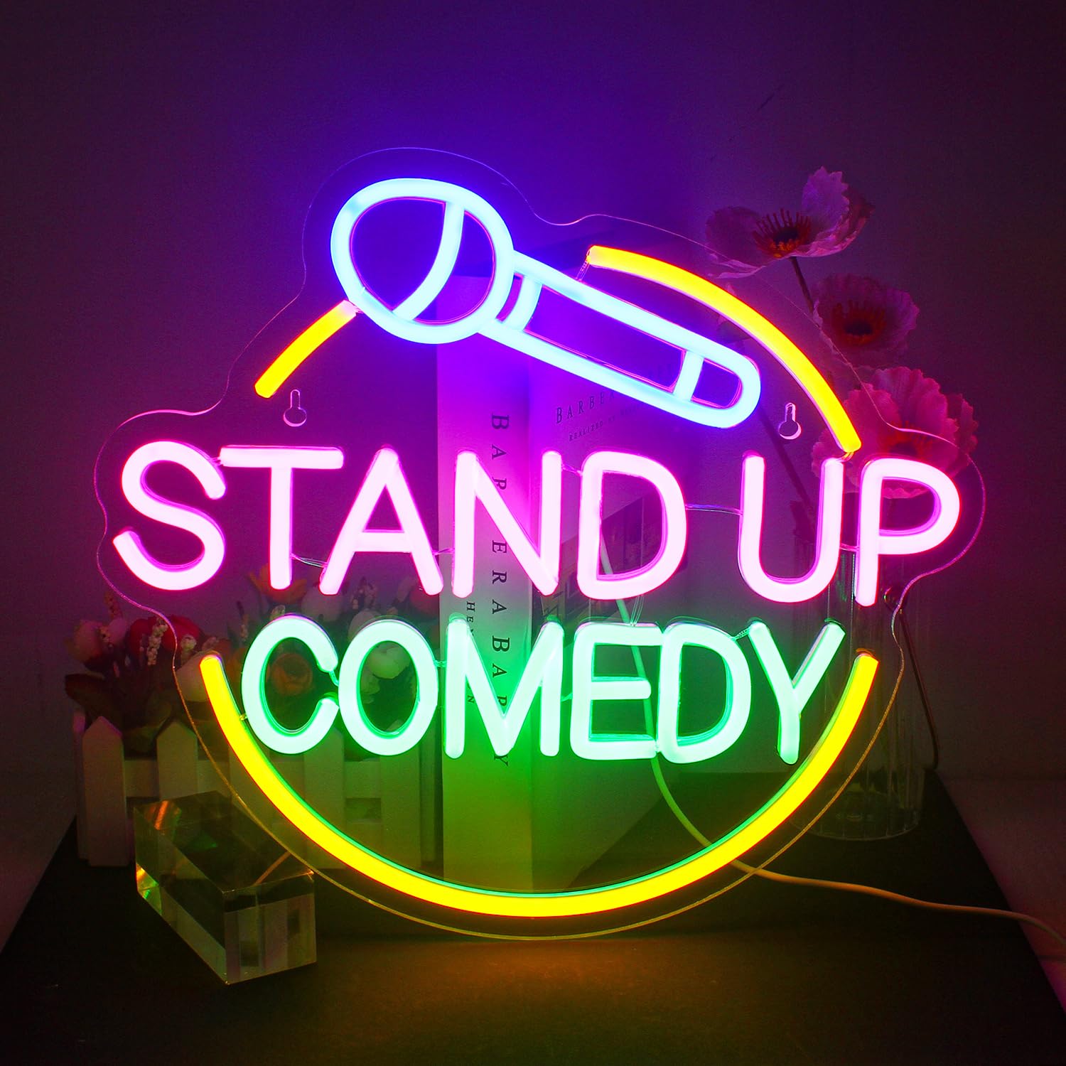 JURONGYILU Neon Stand Up Comedy Sign, Colorful LED Wall Decor, 13.7inx12.6in, Acrylic