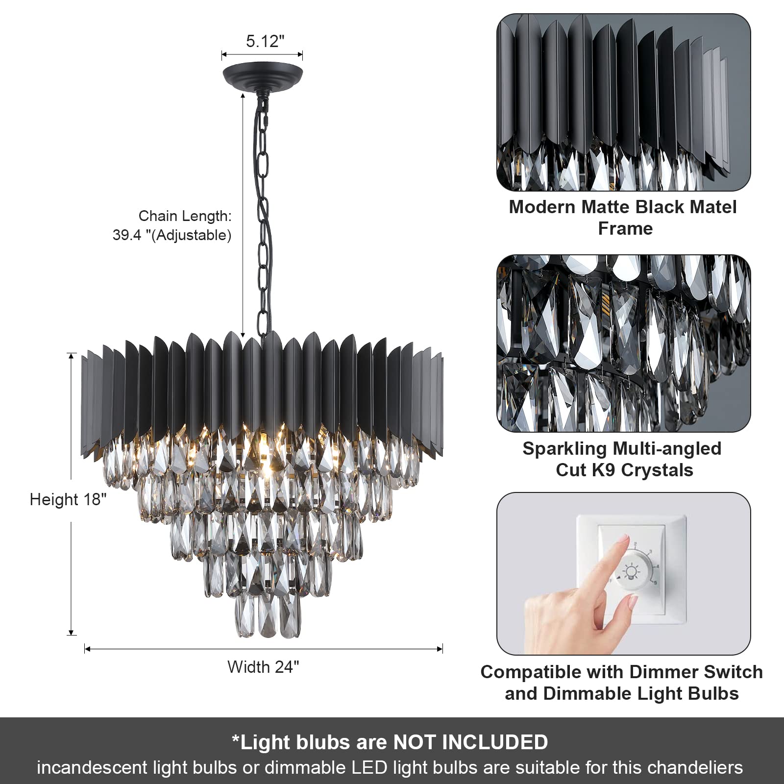 A AXILIXI Black Crystal Chandelier, Contemporary 24in  Flush Mount Pendant Light, 12 Lights, Model DH88511B-600B