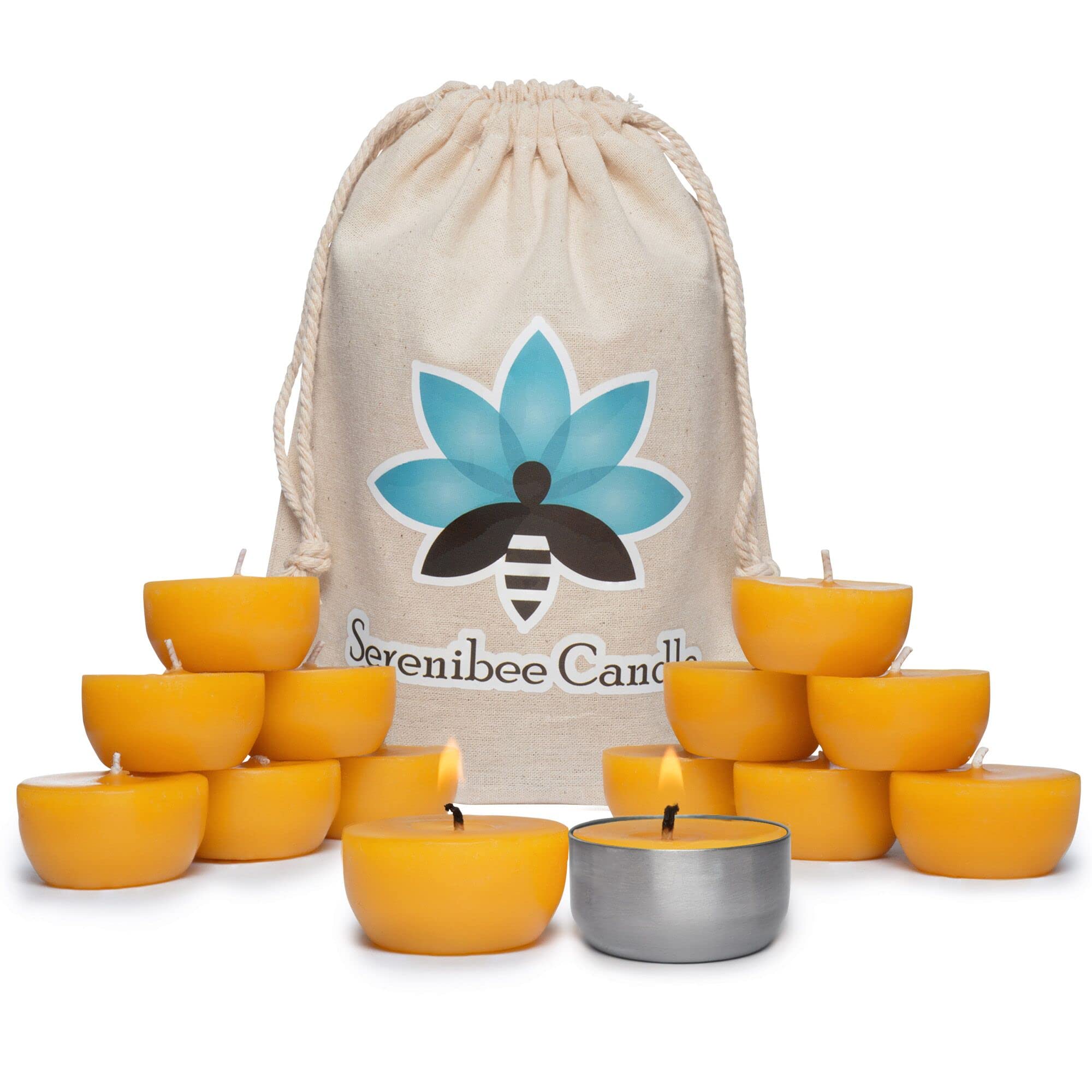 Serenibee Tea Light Candles - 100% Pure Beeswax Candles With One Custom Reusable Sturdy Steel Candle Holder And Reusable Cotton