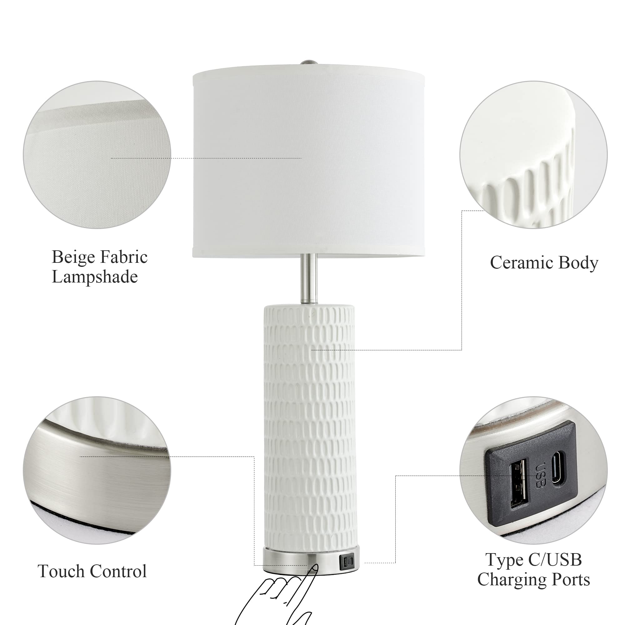 Reaketon 28" Ceramic Table Lamp Set of 2 - 3 Way Dimmable Touch Control with USB Ports, Modern White Nightstand Lamps, Model 22102-1T