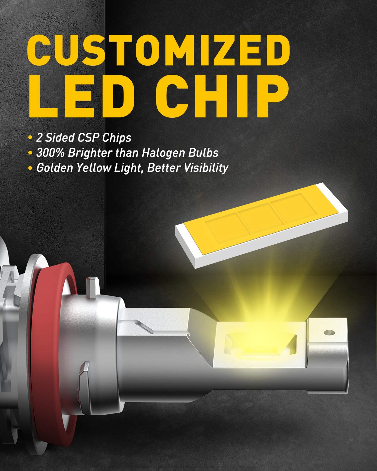AUXITO H11 H8 H16 LED Fog Light Bulb, 40W 6000LM, Golden Yellow, Fanless, Aluminum, Pack of 2