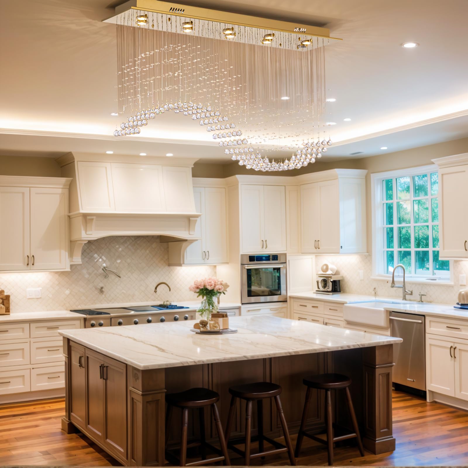 Siljoy 10-Light Crystal Chandelier, Gold Rectangular Pendant Light, L40"xW11.8"xH35.4", Stainless Steel for Dining Room & Kitchen