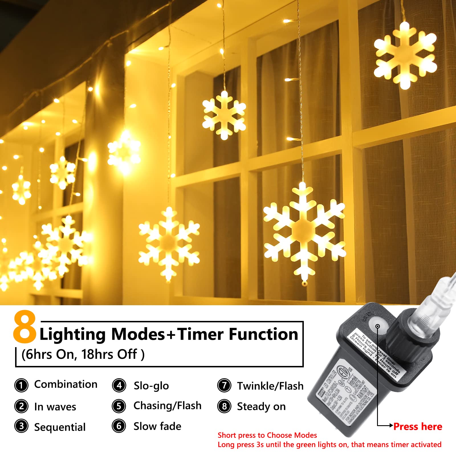 Toodour Christmas Snowflake Lights, 17.22ft, 264 LED, Warm White, 8 Modes, Connectable, Timer for Outdoor Decor