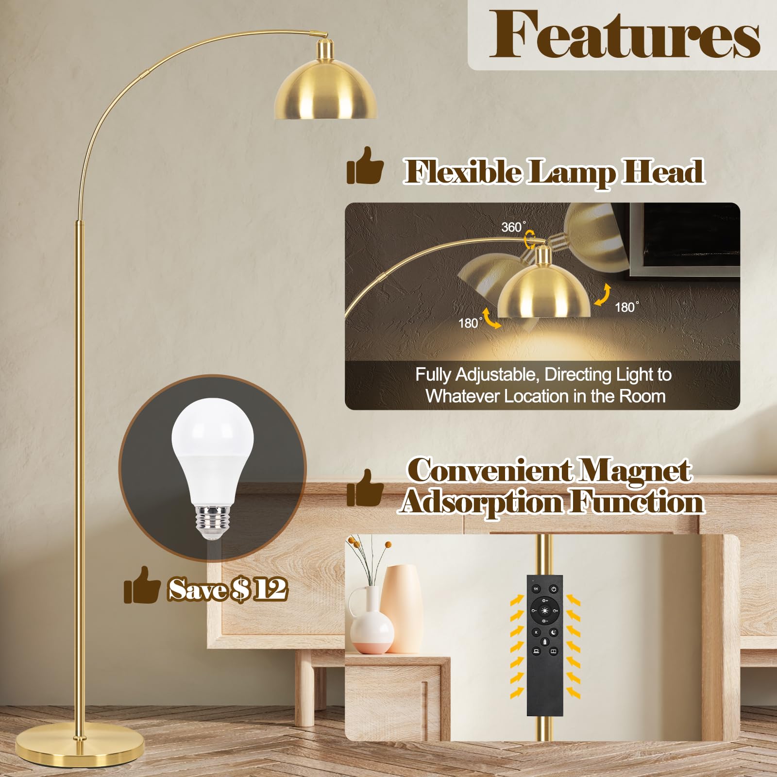 Venzblomia ?Upgraded? Arc Floor Lamps For Living Room - Stepless Dimmable Gold Tall Lamp With Remote Control & Color Temperature
