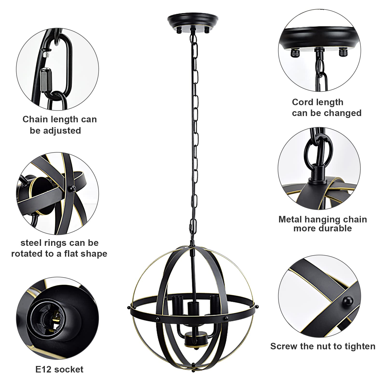 DINGLILIGHTING Chandelier Lighting Fixture, 3-Light Metal Pendant, Gold, Model WS-FND2-40B