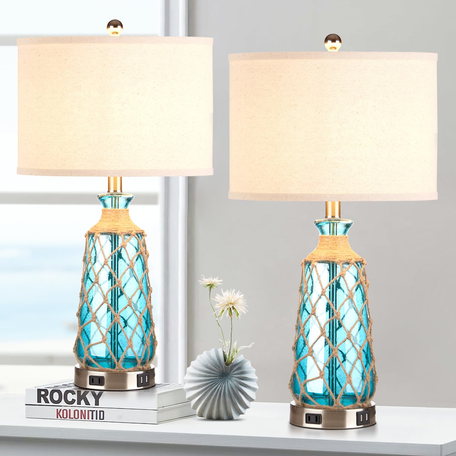 Ruzectt Glass Table Lamps Set of 2, 25.5in 3-Way Dimmable Touch Control, Teal with USB Ports, Model TD-RZ-191