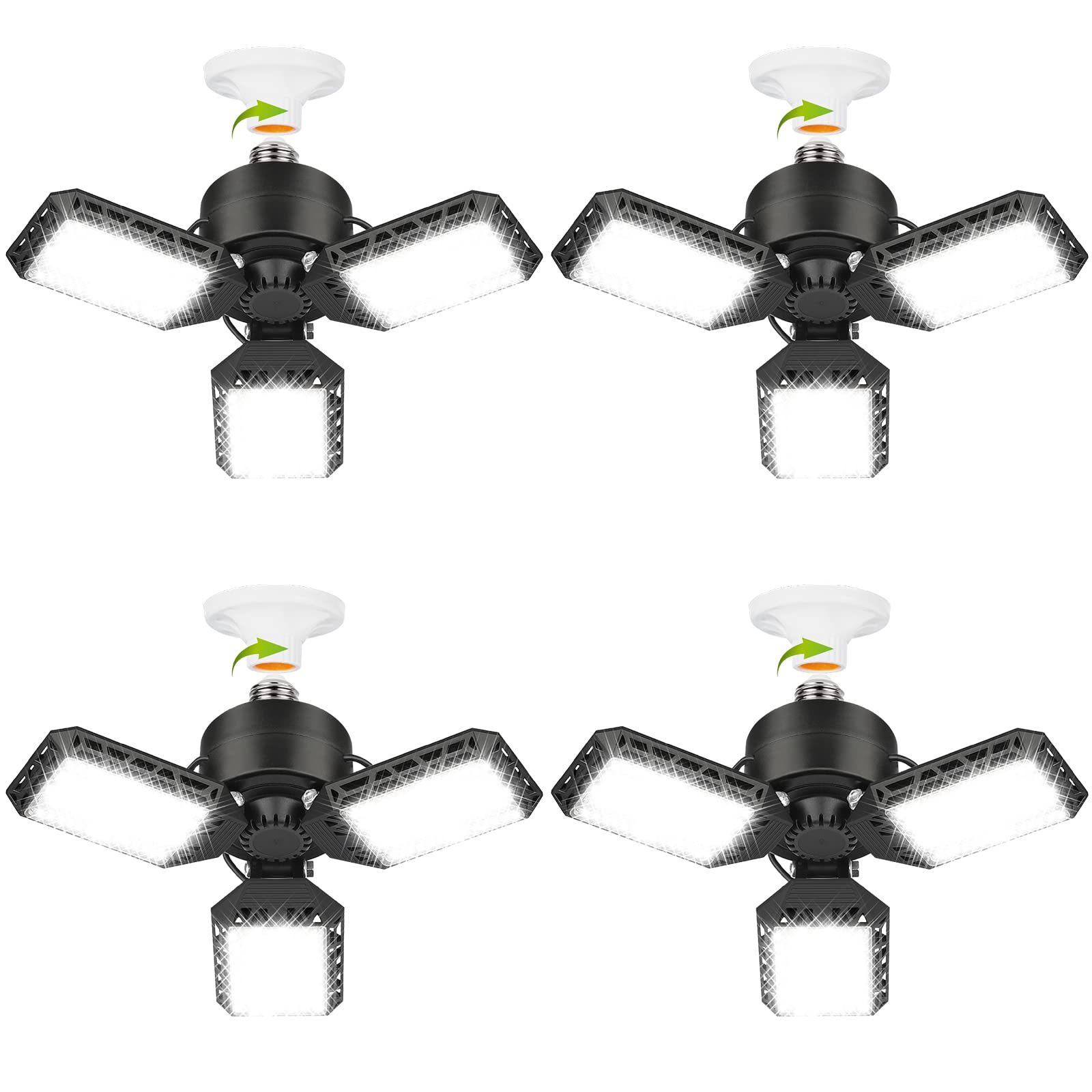 4 Pack Led Garage Lights, 60W Deformable Garage Ceiling Light 8000Lm E26 Basement Lights With 3 Adjustable Led Panels, Fits For