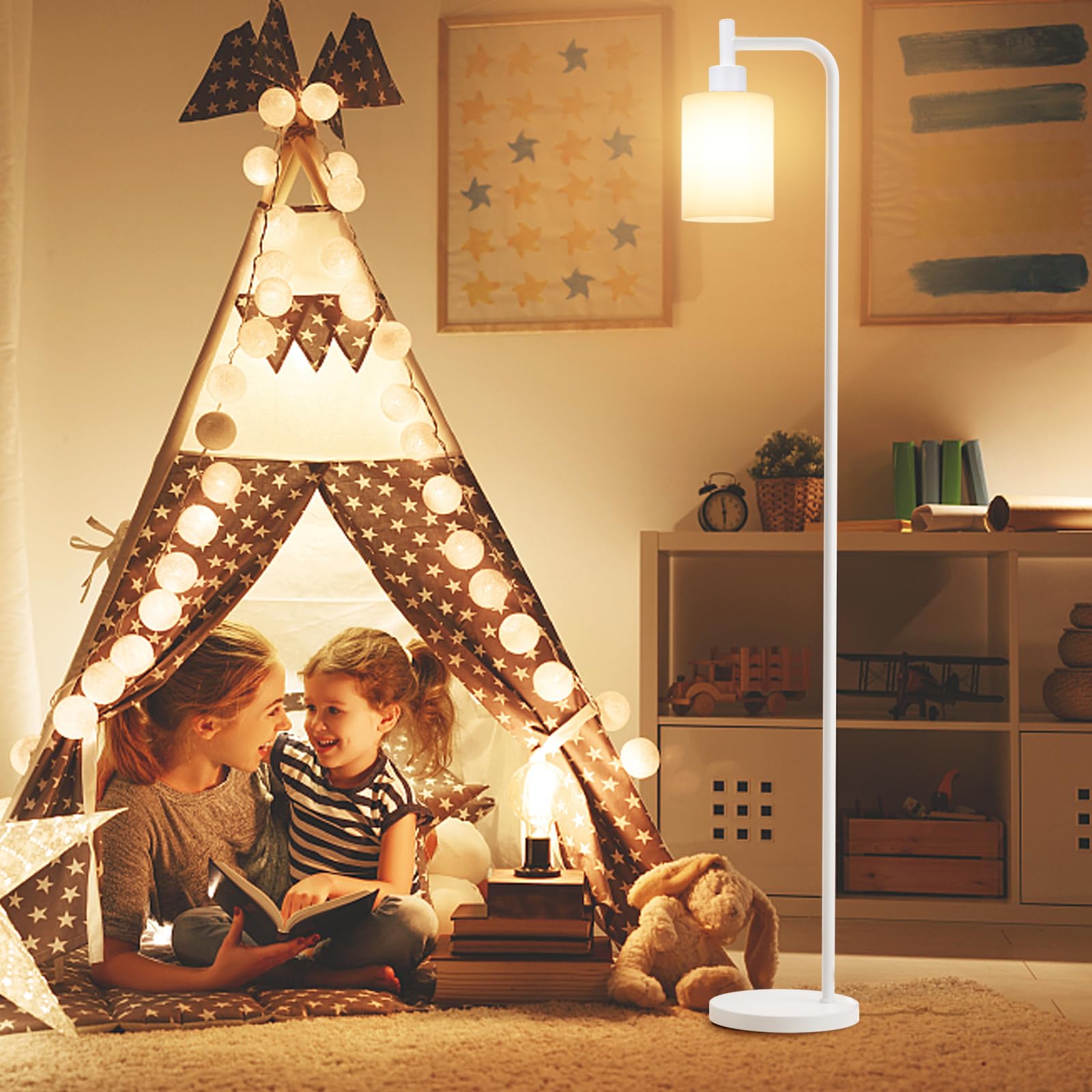 Ziisee Floor Lamps For Living Room - Industrial Standing Lamp With Glass Shade, Modern White Floor Lamp With Led Bulbs, Farmhous