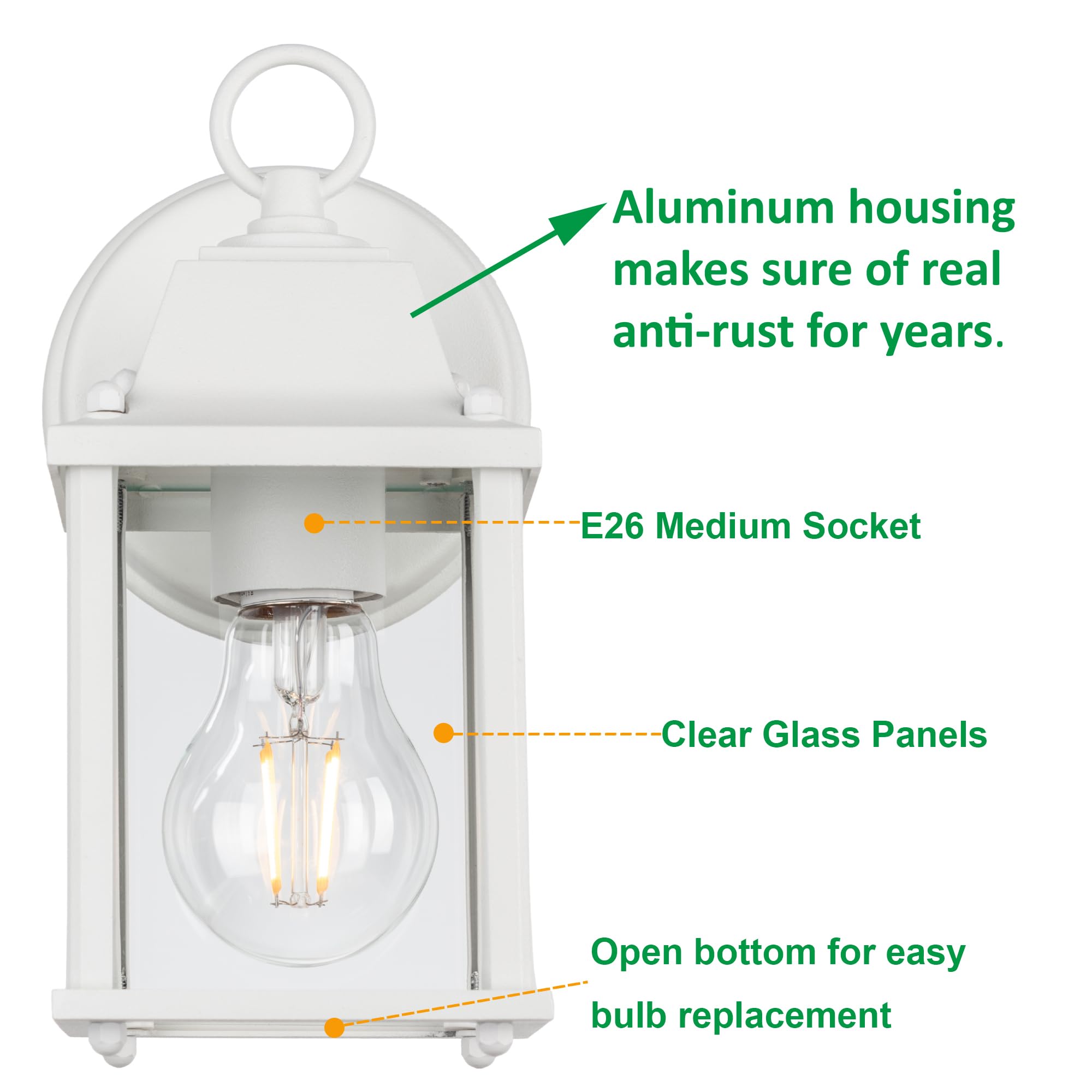 Lit-Path Outdoor Wall Lantern, Wall Sconce As Porch Lighting Fixture, E26 Base, Aluminum Housing Plus Glass, Water-Proof And Out