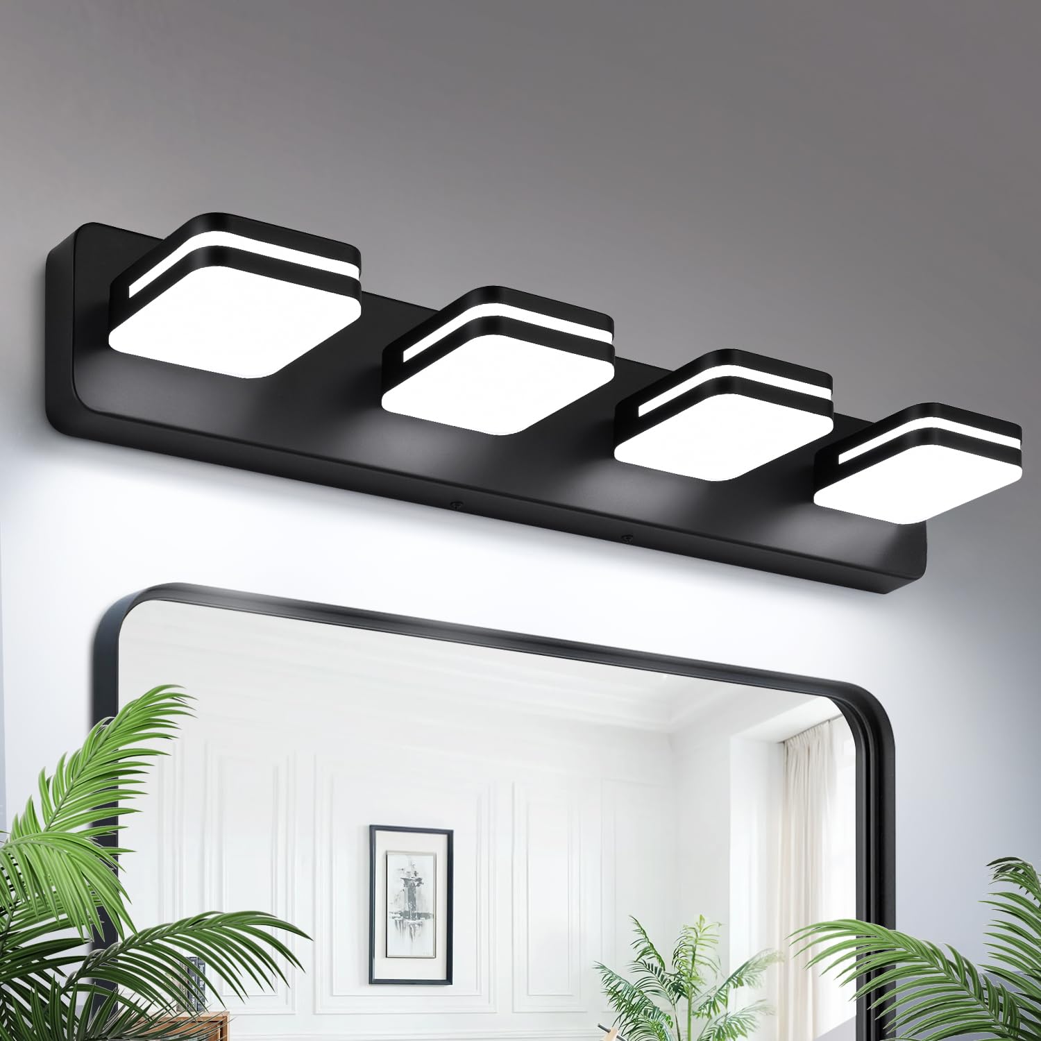 Torondo LED Bathroom Vanity Light Fixtures, 4-Light, 27-Inch, Matte Black, Acrylic, Model HJ0W28, Natural White Light 5000K