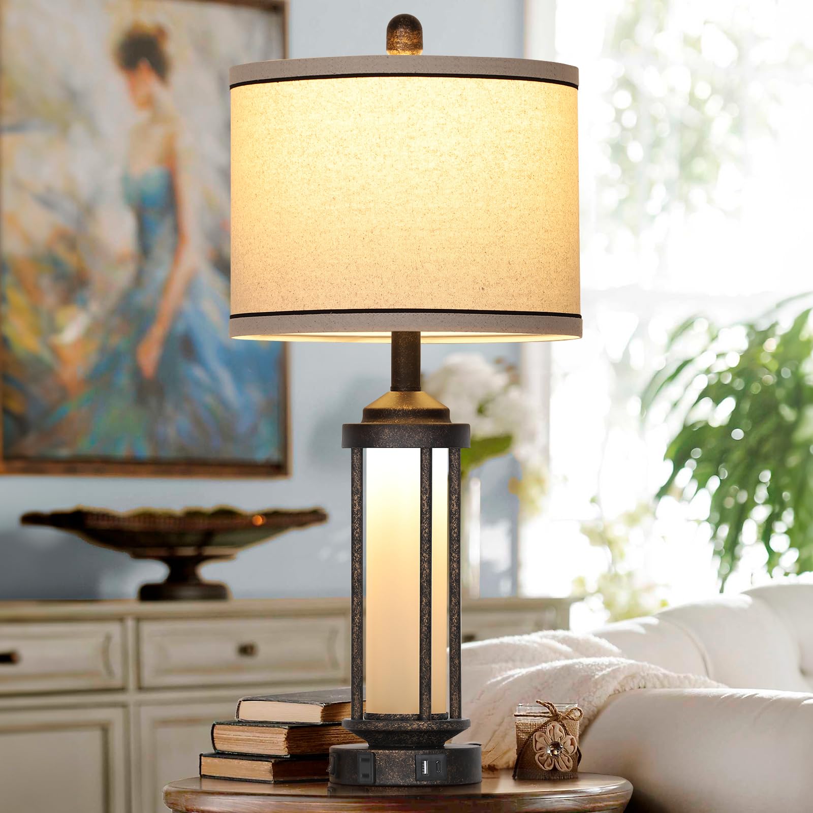 27'' Farmhouse Industrial Table Lamps, Vintage Rustic Retro Beside Lamps With Usb A+C Charging Ports & Ac Outlet, Modern Nightst