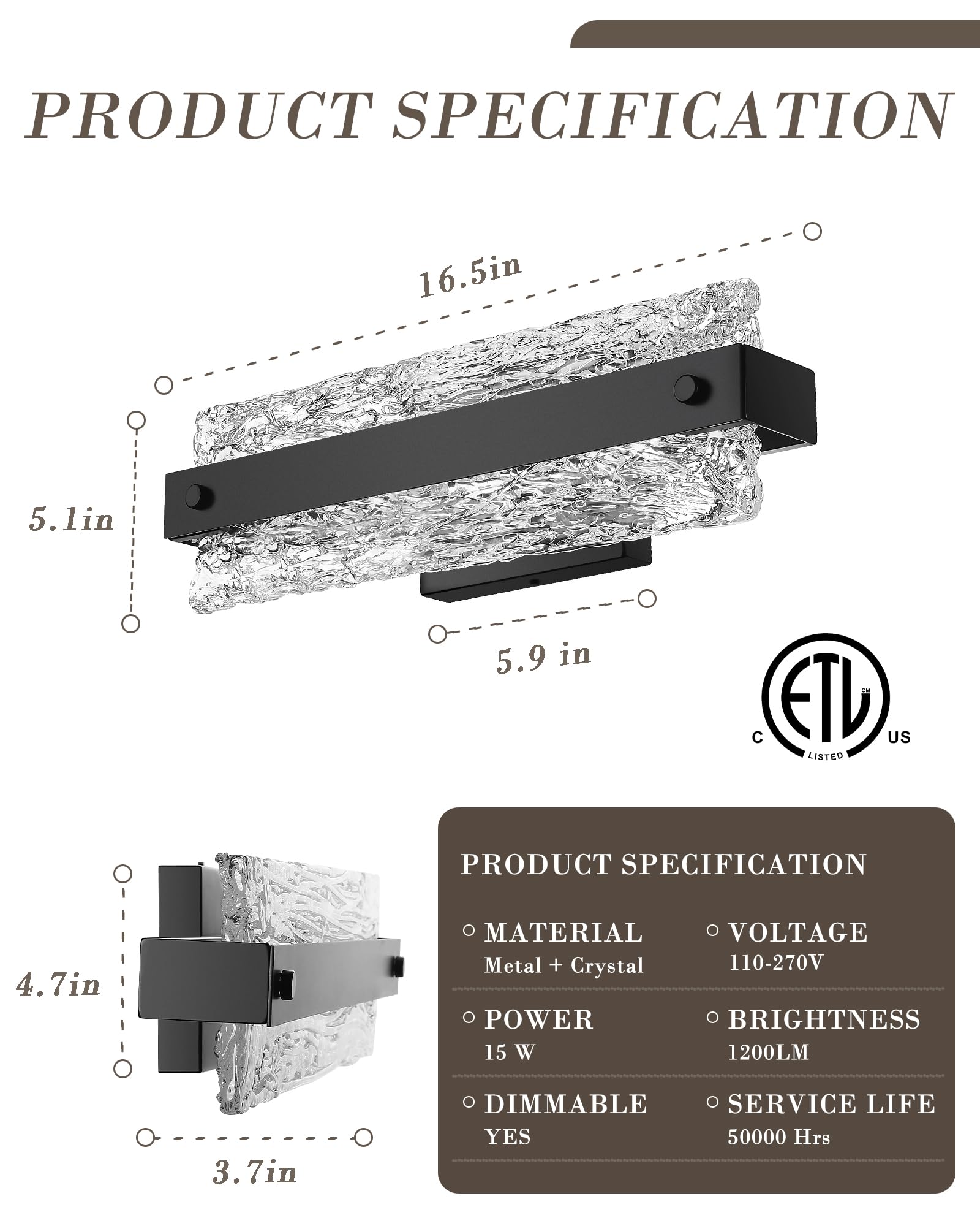 Osimir Modern Black Bathroom Vanity Light, 16.5" Dimmable LED Fixture, Crystal Bar Sconce, Model OS-MM5001-2BK
