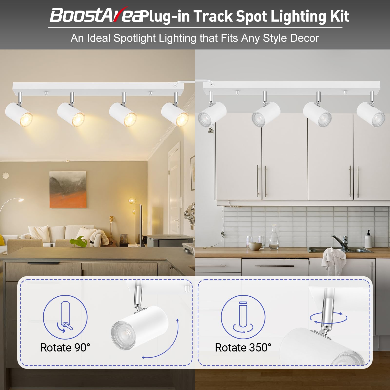 Boostarea Led Track Lighting Ceiling Fixtures, White 4-Light Plug In Track Lights For Kitchen, 4 Way Ceiling Spotlight, 15 Ft Co