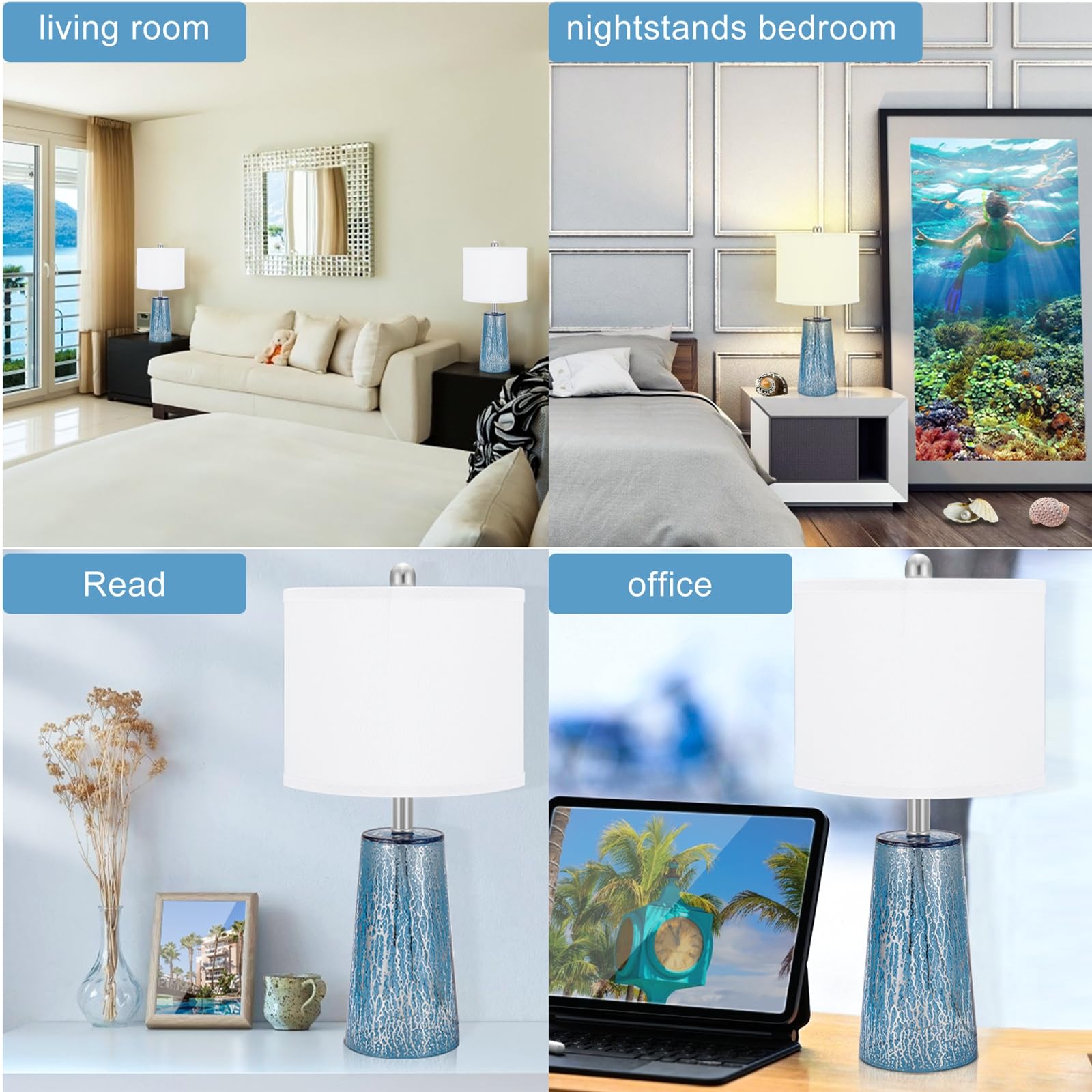 Tpamswo Modern Coastal Table Lamps 23    High Blue Silver Hand-Applied Mercury Tapered Column Glass Bedside Lamps, For Bedroom L