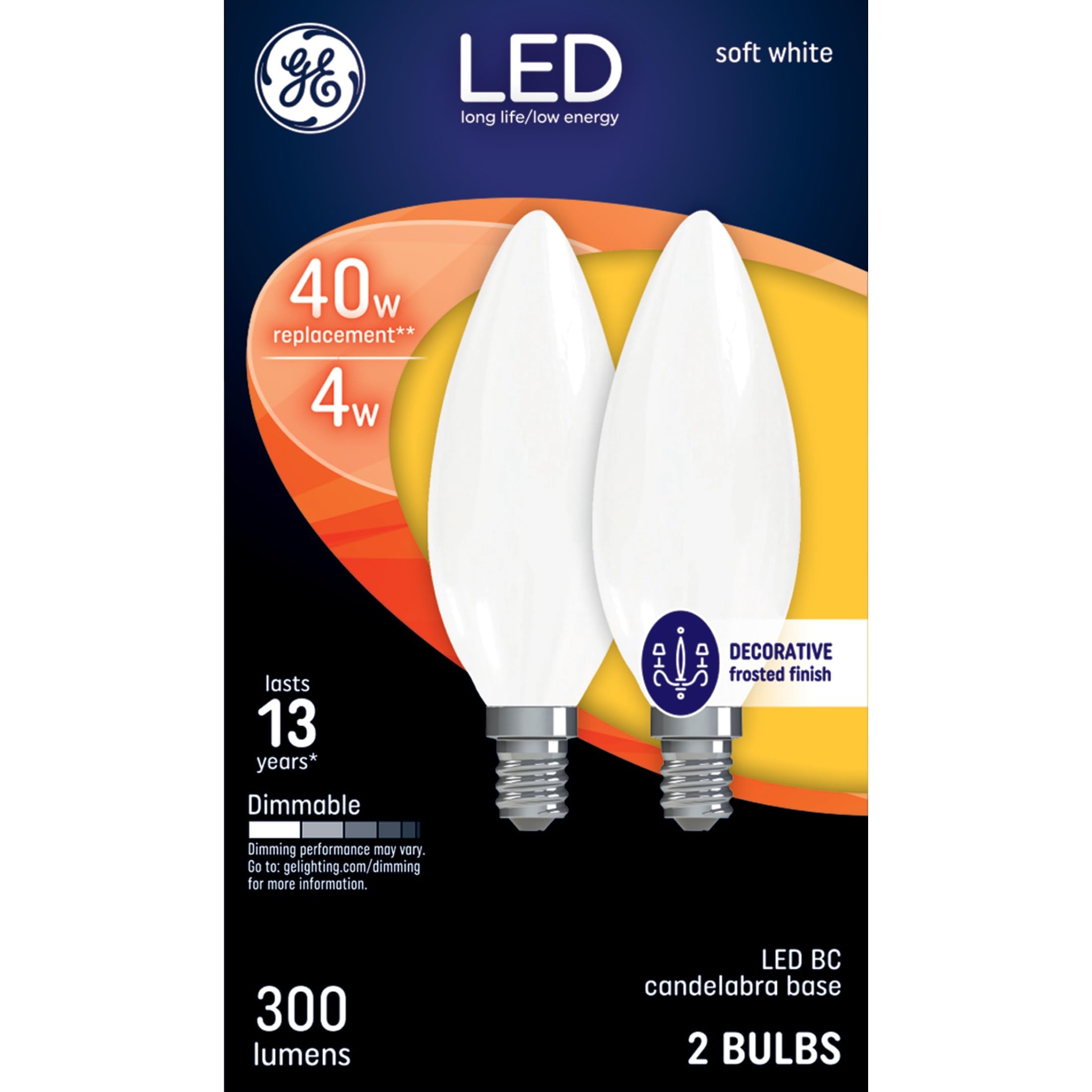 Ge Led Light Bulbs, 40 Watt, Soft White, Decorative Bulbs, Frosted, Small Base (2 Pack)