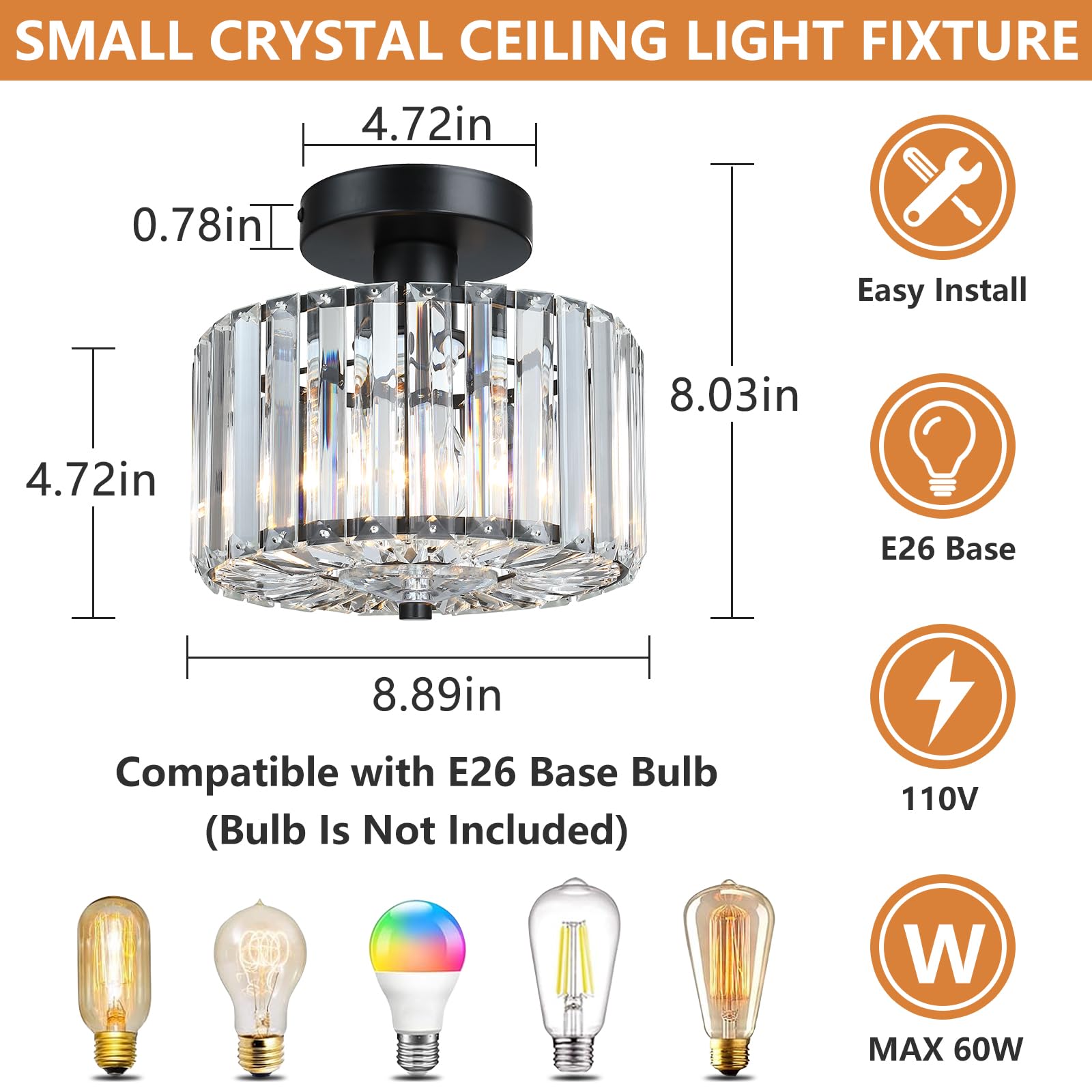 Pasentel Crystal Ceiling Light  Modern Mini Flush Mount Crystal Chandelier  8.89 Inch Black Light Fixture  Round Hallway Lighting Fixtures For Kitchen Entryway Laundry Room  1-Light  Sf004-1-Bk